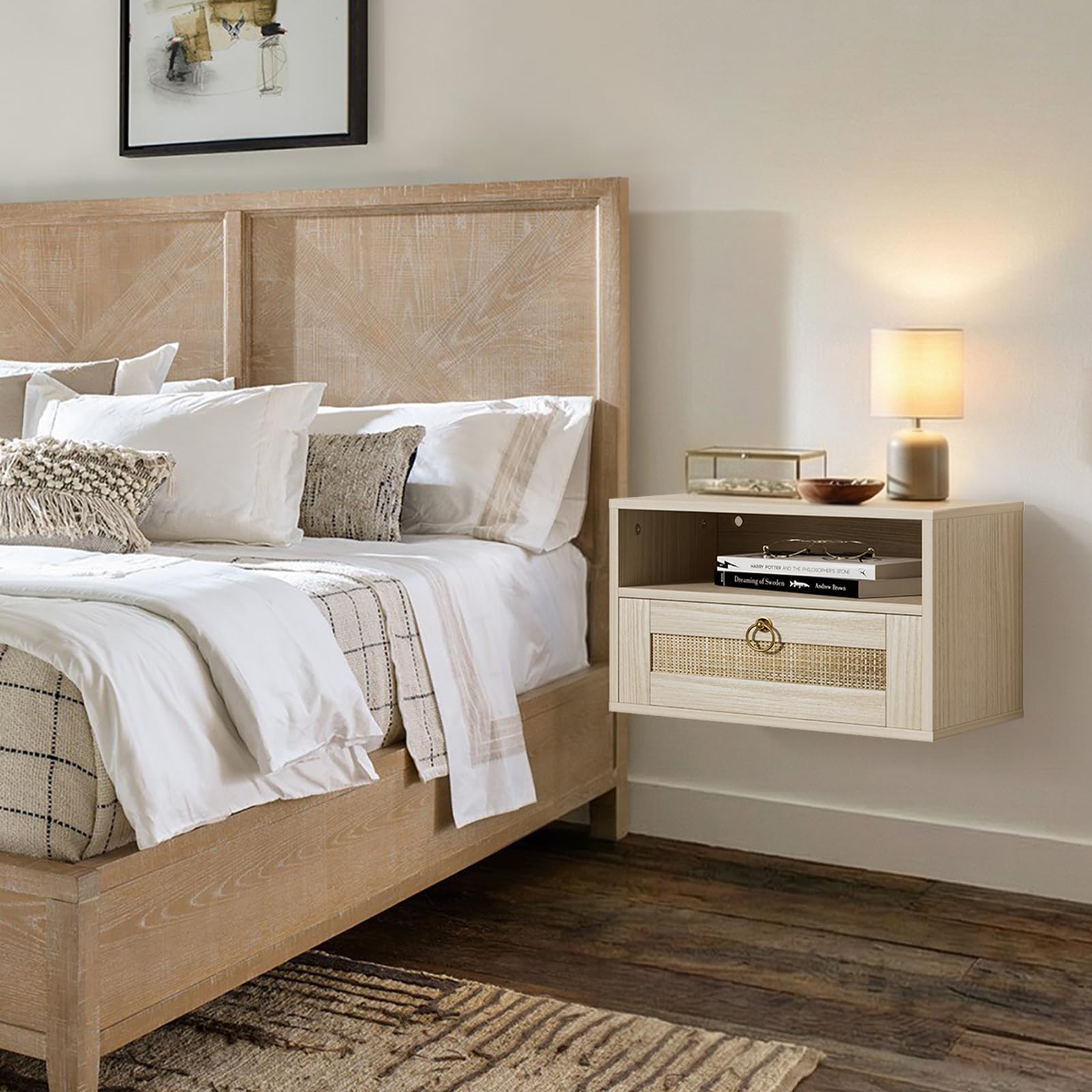 IGERI Floating Nightstand Set of 2 with Drawer for Wall Mounted Hanging Rattan Night Stand Bed Side Tables Wooden End Table Small Boho Dressers for Bedroom Farmhouse Shelves with Drawers
