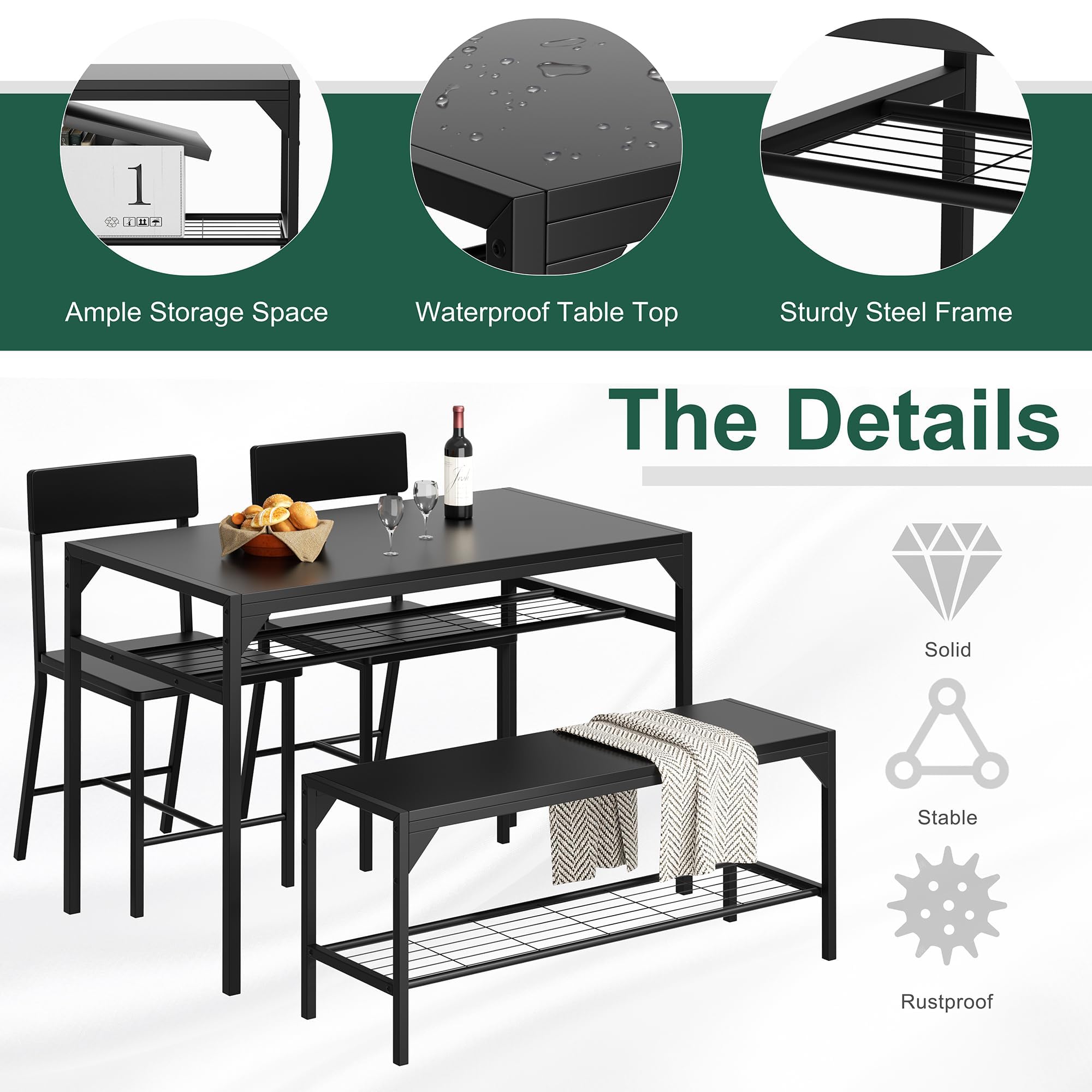 Shintenchi Kitchen Table Chairs Set of 4, Dining Table Set for 4 with Bench and Chairs, 4 Pieces Kitchen Table Set with Storage Rack & Metal Frame for Small Space, Solid Black