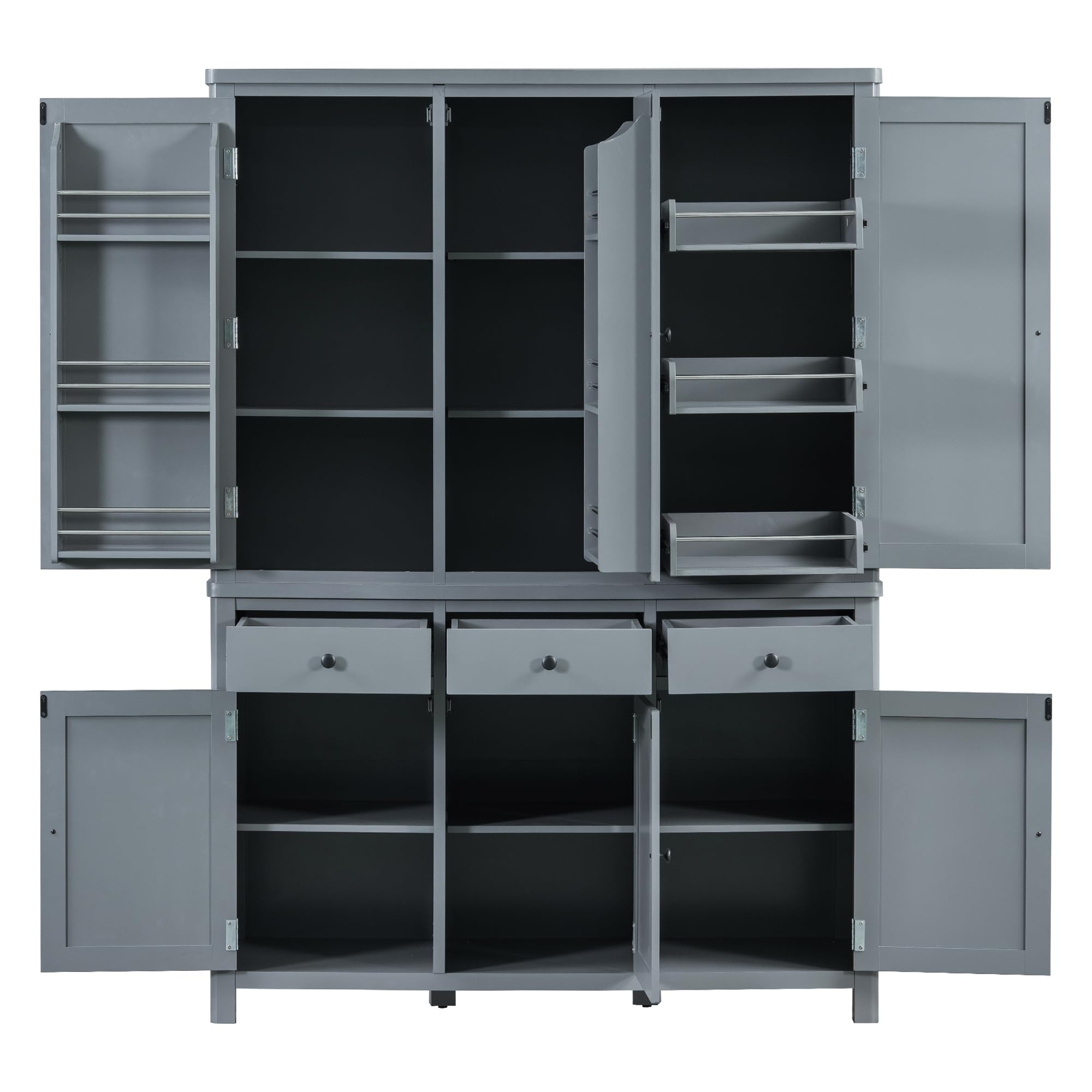 Merax 74.8'' Tall Kitchen Pantry Storage Cabinet with 6 Doors, 3 Drawers and Adjustable Shelves, Freestanding Large Cupboard & Pull-Out Trays for Kitchen, Dining Room, Living Room, Gray