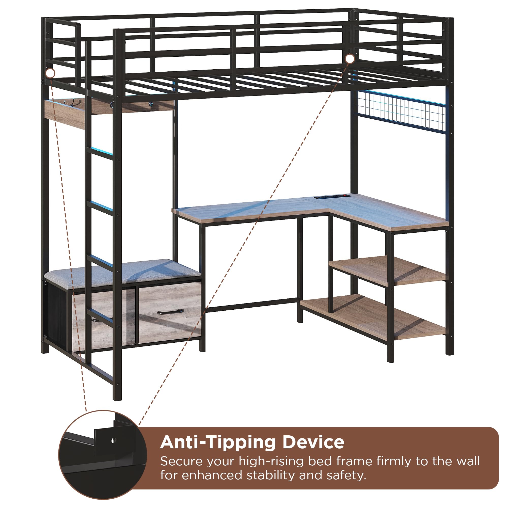 Vabches Twin Loft Bed with L-Shaped Desk,LED Lights,Charging Station,Metal Kids Loft Bed Twin Size with Storage Drawers,Coat Rack,Safety Guardrail & Ladder for Teen,Gray