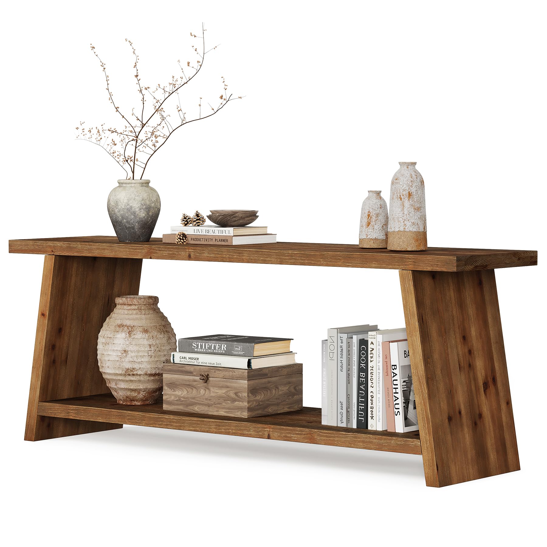 LITTLE TREE Solid Wood TV Stand, Farmhouse Media Console for 55/60/65 inch TV, 2-Tier Mid-Century Modern TV Stand with Storage, for Living Room, Entertainment Center (Walnut, 63-Inch)