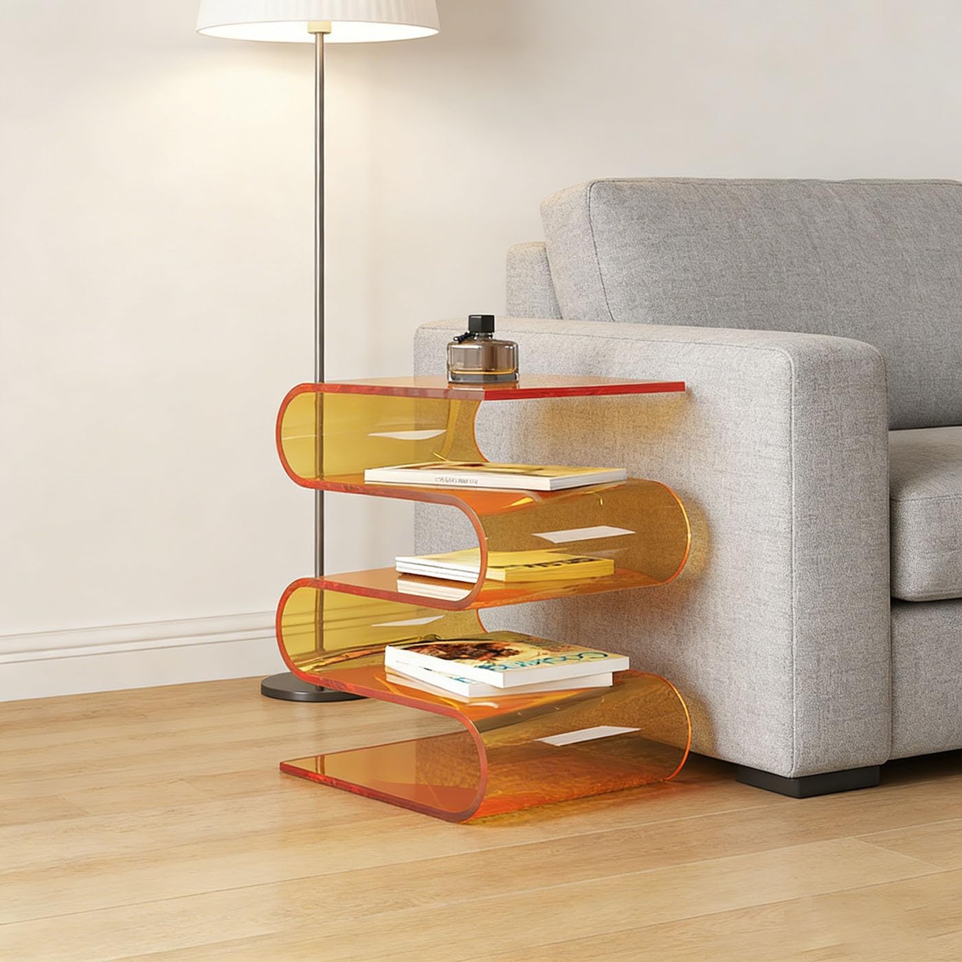 S-Shaped Acrylic Side Table with 3-Tier Magazine Holder