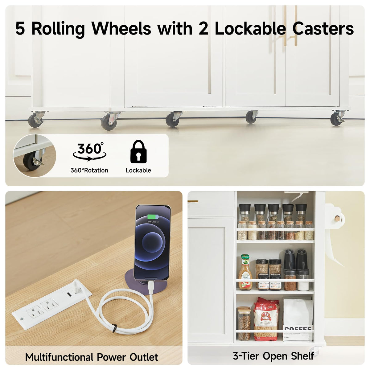 White Kitchen Island Cart with Power Outlet