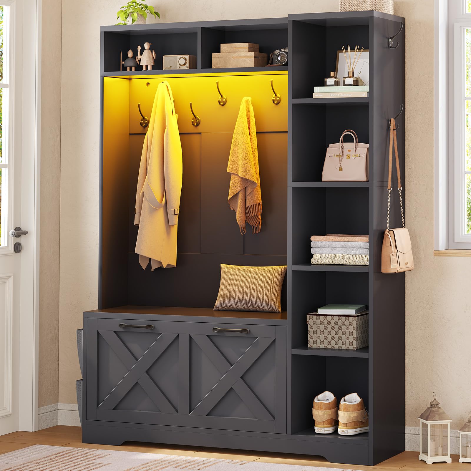 Hall Tree with Bench, Shoe Storage & LED Lights