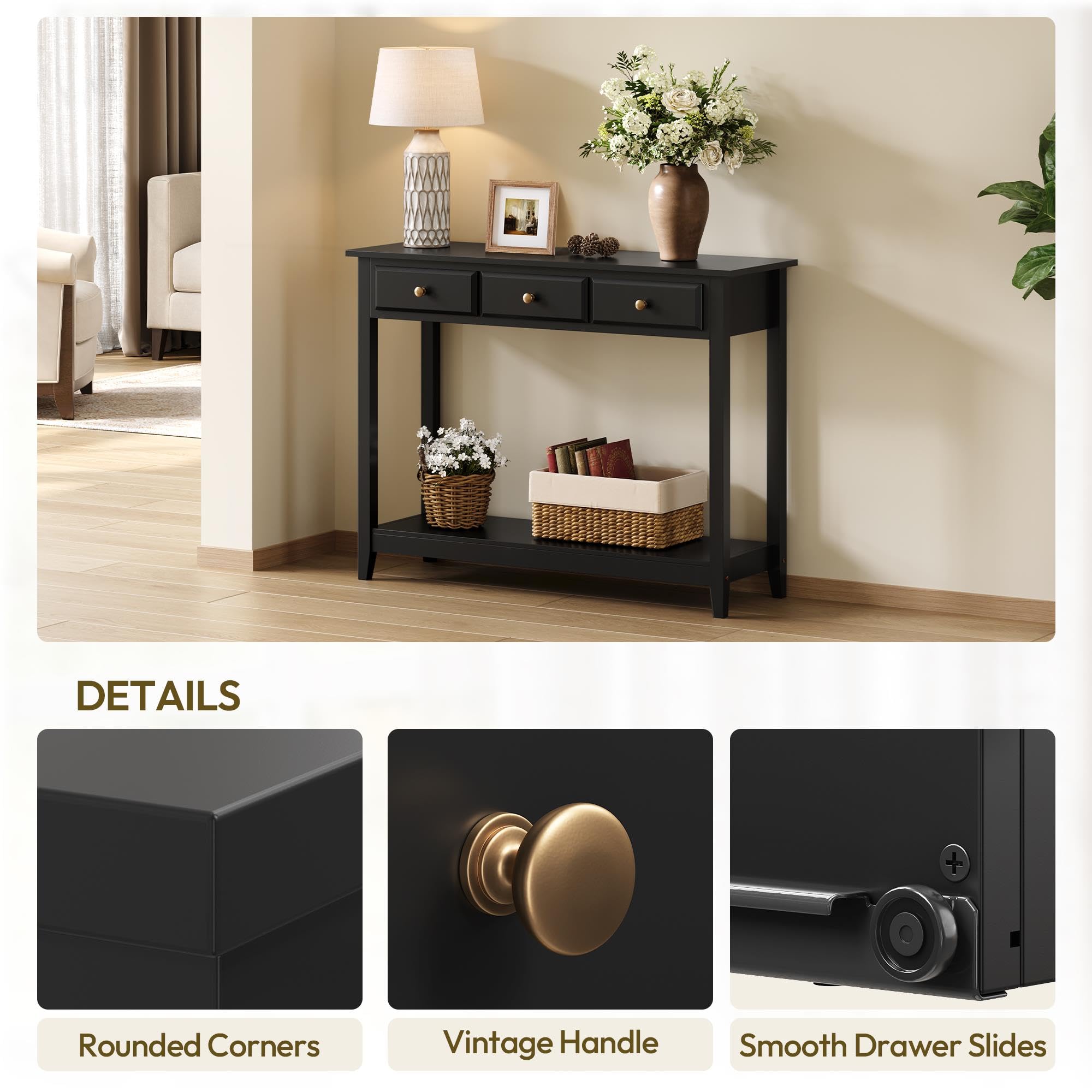 Console Table with 3 Drawers & Storage Shelf