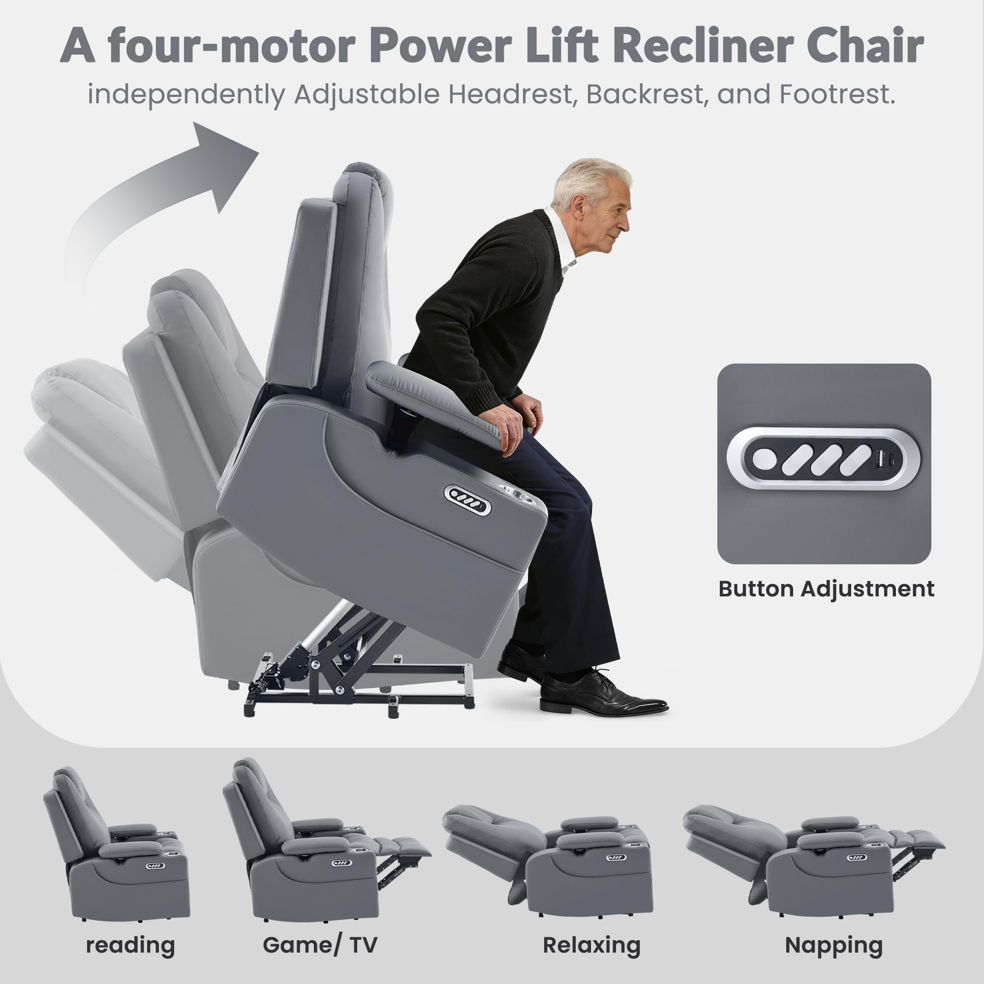 GRAINELL 4-Motor Power Lift Recliner Chair with Independent Backrest & Footrest Adjustment, Adjustable Headrest & Armrests, Massage & Heat for Elderly, USB, Cup Holders, Leather Grey