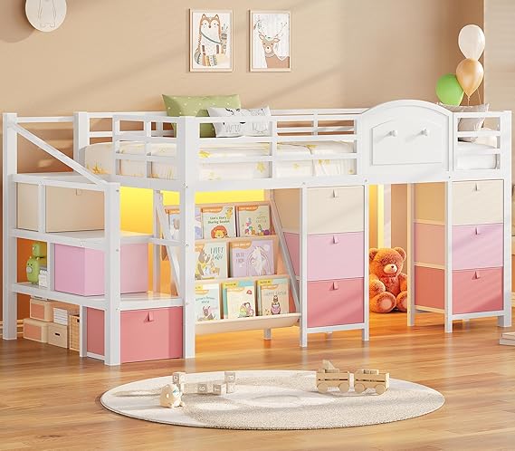 Kids Low Loft Bed Twin with Storage Drawers, LED Lights & Playhouse