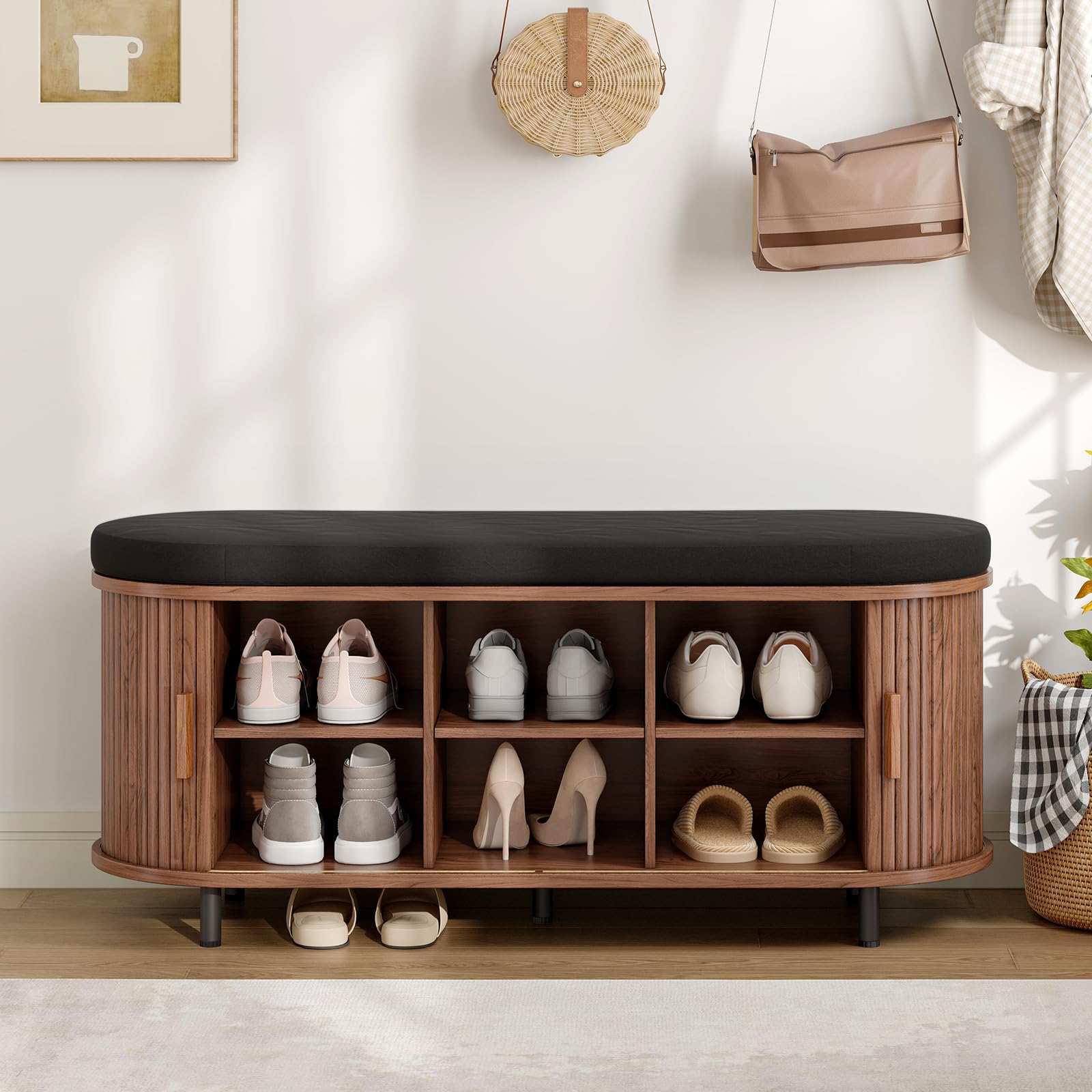 43" Fluted Shoe Storage Bench with Cushion