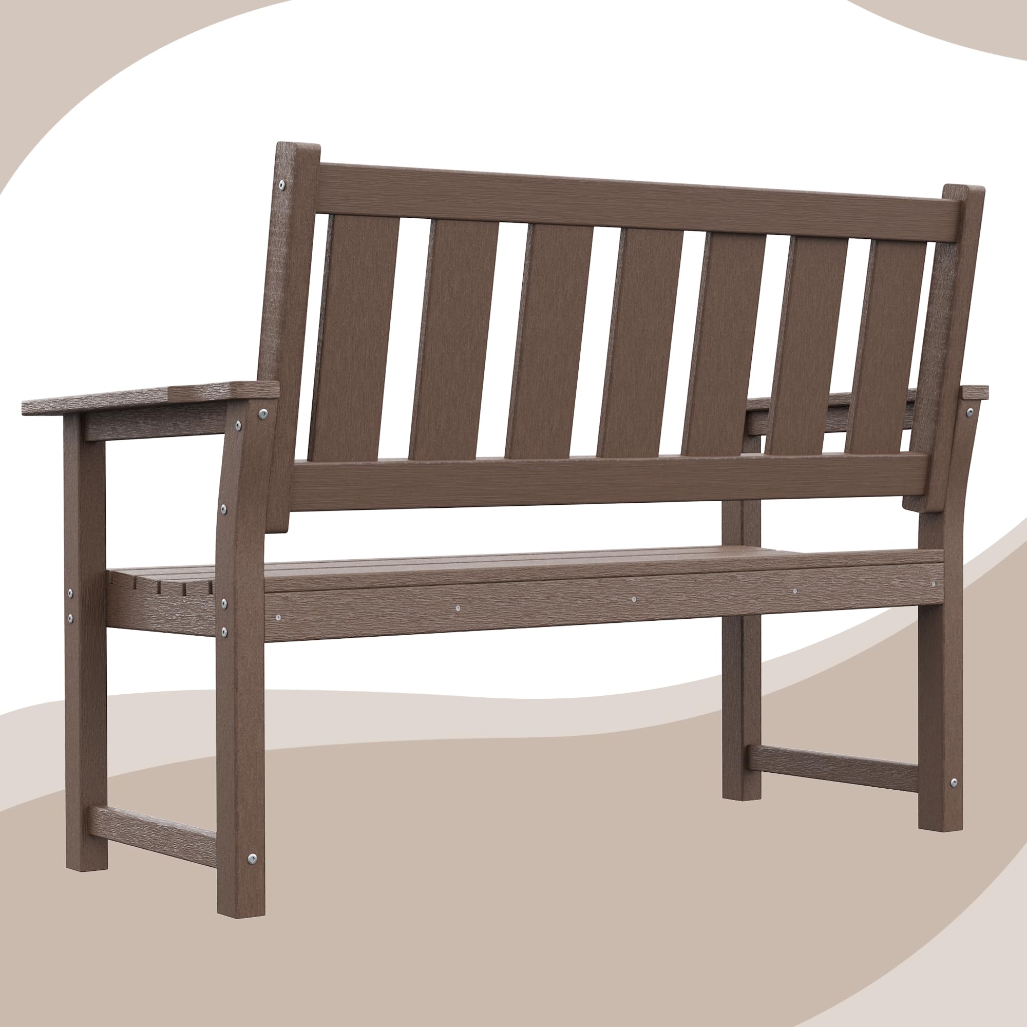 ACUEL 50" HDPE Outdoor Bench, 2-Person Poly Lumber Weatherproof Patio Garden Bench Seating with 800 lbs Weight Capacit, Bench for Porch, Backyard, Lawn, Park, Balcony and Church Furniture (Brown)