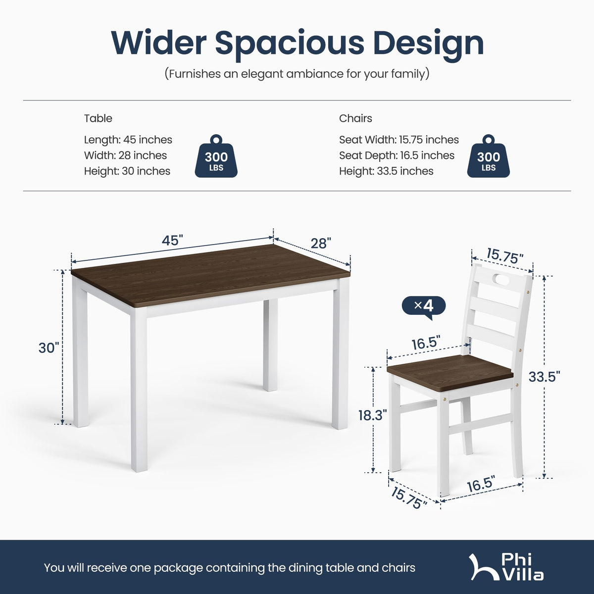 PHI VILLA Dining Table Set for 4, Solid Wood Kitchen Table and Chairs