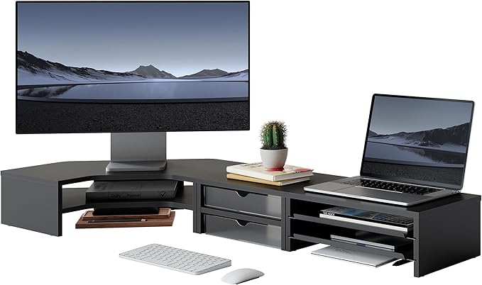 Corner Dual Monitor Stand with Drawer & Storage
