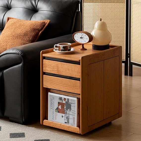 Solid Wood Rolling Side Table with Storage