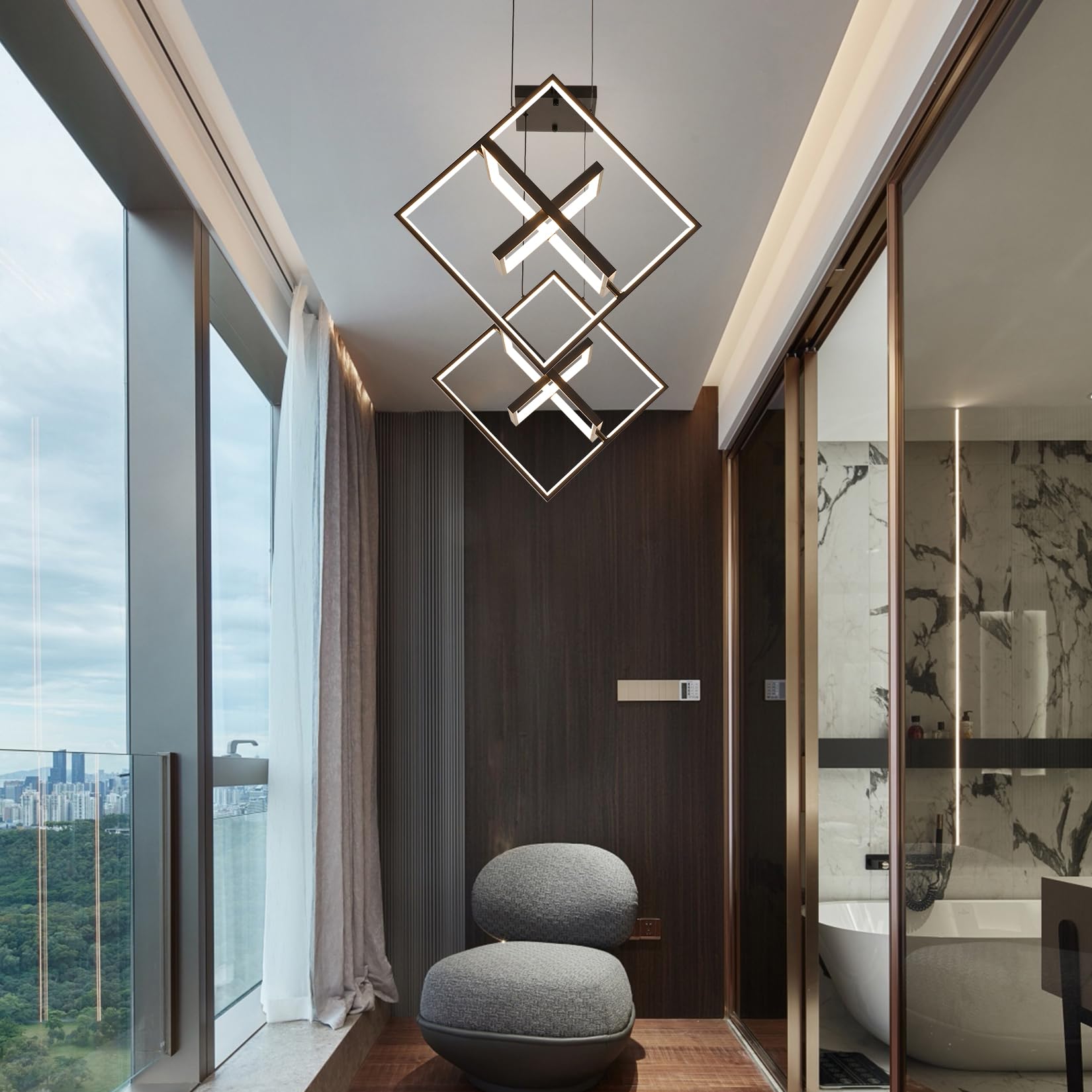 Fang Yan Mei Modern LED Black Square Chandelier Geometric Chandeliers LED Dimmable Hanging Pendant Light Contemporary Creative DIY Height Adjustable Lighting for Entryway Dining Room 3000-6000k