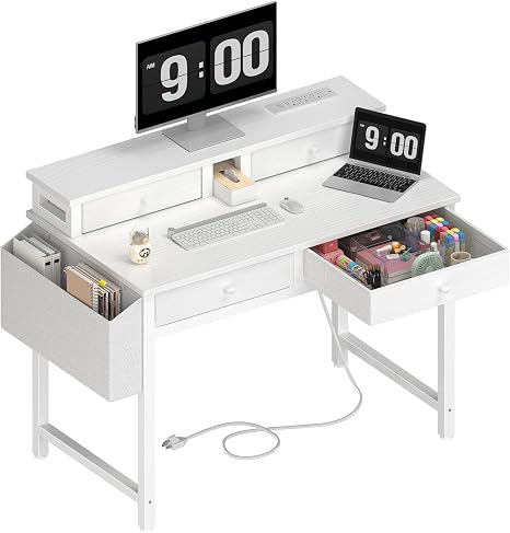 Small Desk with Drawers, Power Outlet & Monitor Stand, 31 Inch
