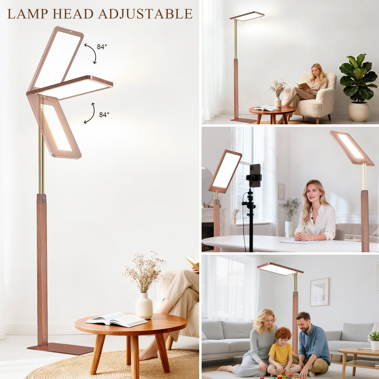 STERREN Vintage LED Floor Lamp, 10500LM Eye-Care Height Adjustable Free-Standing Lamps, 110W Full Spectrum Reading Light for Office, Meeting Room, 2700-5000K, Black Walnut Wood Finish