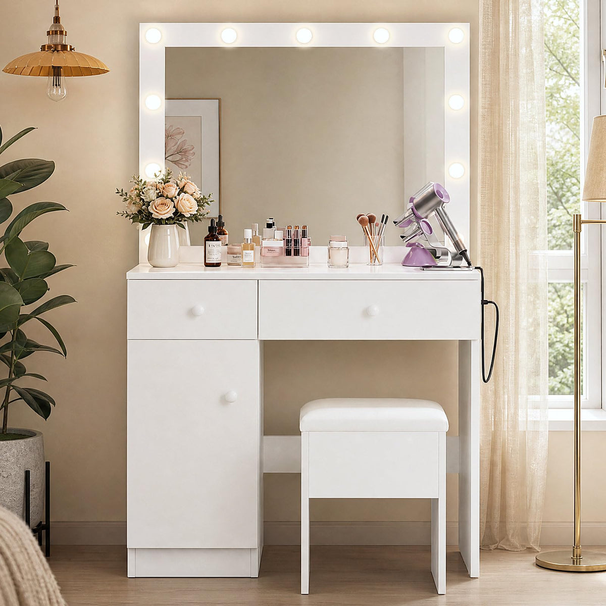 Makeup Vanity with Lighted Mirror and Chair