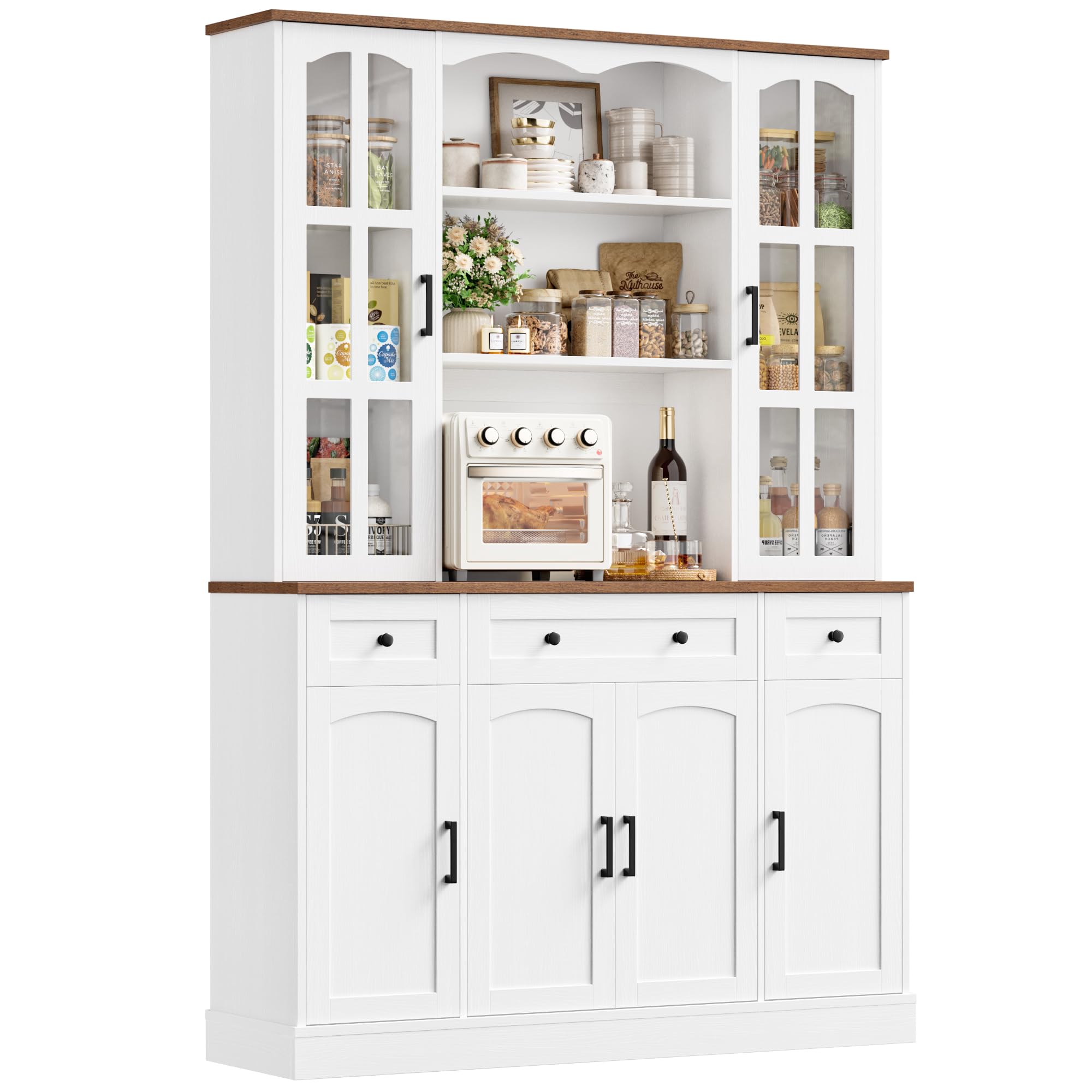 Tall Pantry Cabinet with Glass Doors & Microwave Stand