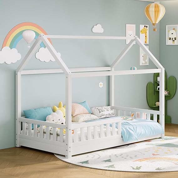 Twin Size Montessori House Bed Frame with Guardrails