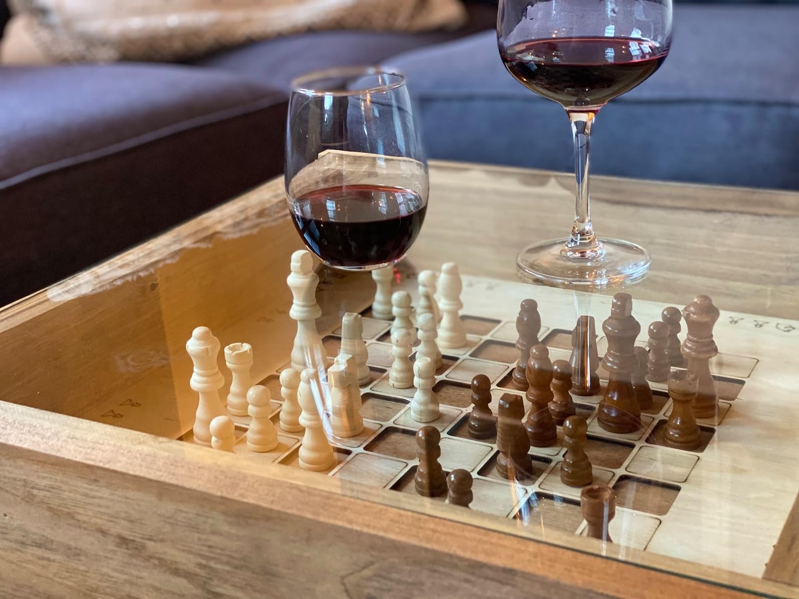 Rustic Chess & Checkers Coffee Table with Removable Glass Top