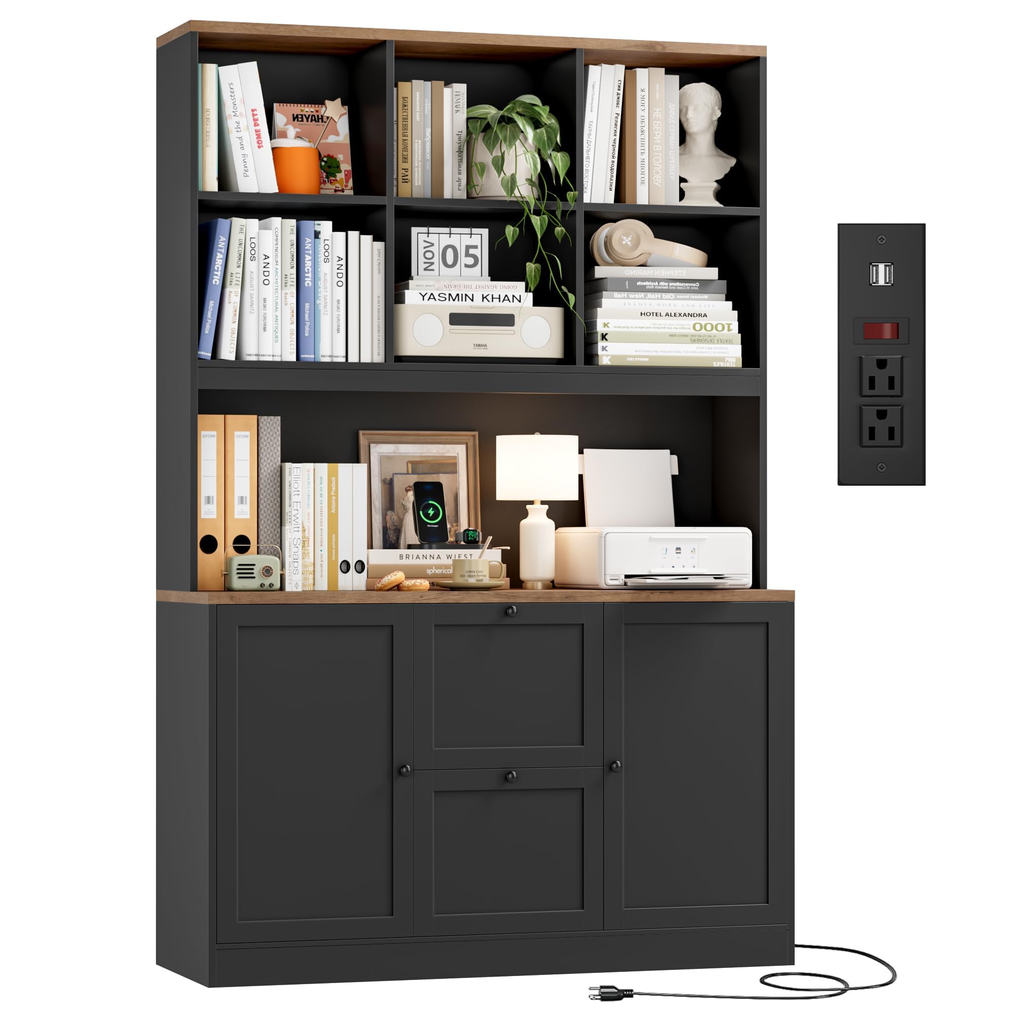 72" Tall Bookcase with Power Outlet & File Drawers