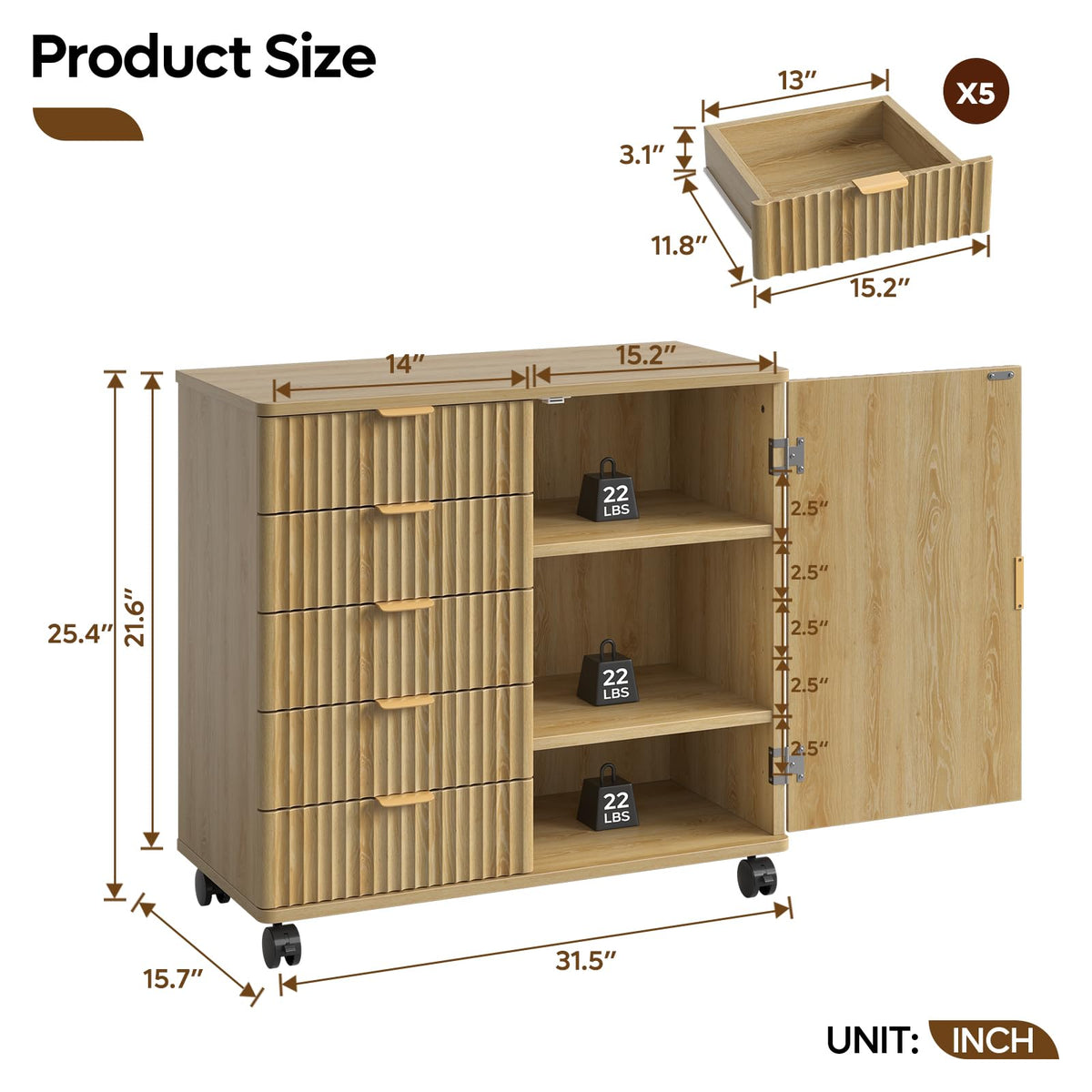 Fluted 5-Drawer Rolling File Cabinet