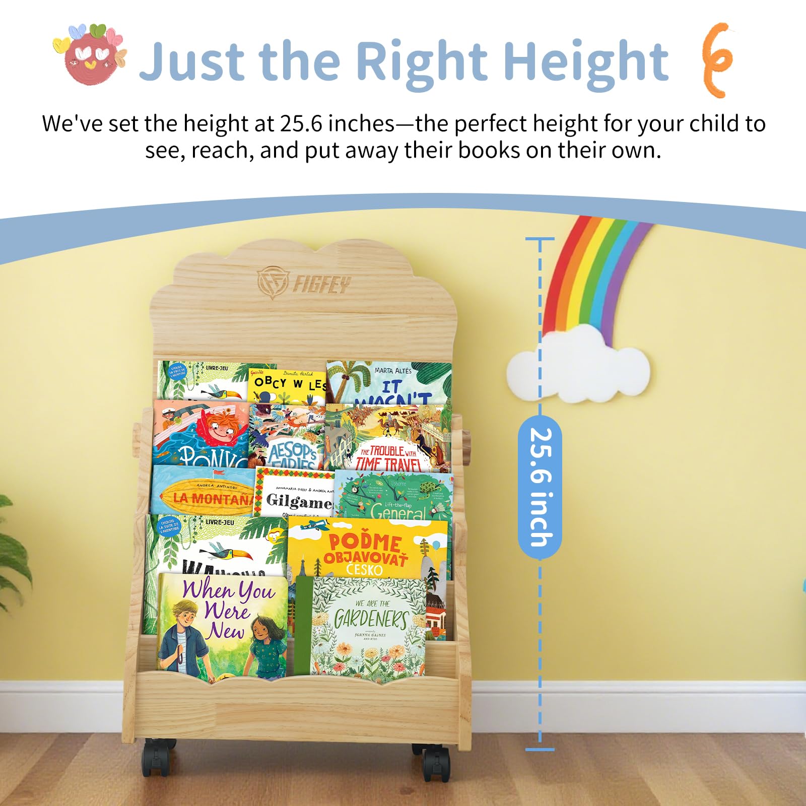 Figfey Kids Montessori Bookshelf 5-Tier Organizer with Lockable Wheels and Adjustable Drawing Board, Toddler Book Rack Nursery with Toy Storage Natural Wood Baby Book Shelf.
