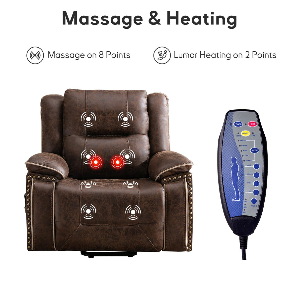 Bonzy Home Power Lift Recliner Chair for Elderly with Massage and Heat, Dual Motor Faux Leather Recliner Chair with Spacious Seat, 2 Cup Holders, Adjustable Headrest, Remote (Dark Brown)