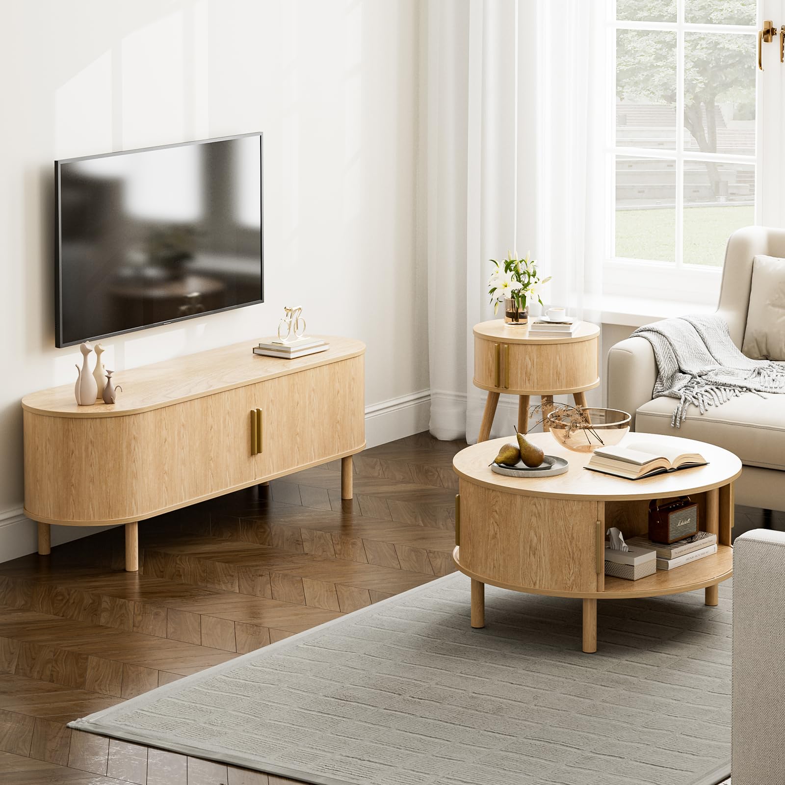 ZttRiee Coffee Table for Living Room, Modern Round Coffee Table with Cabinets & Sliding Doors, Home Small Space, 29.9" Fluted Center Table, Natual