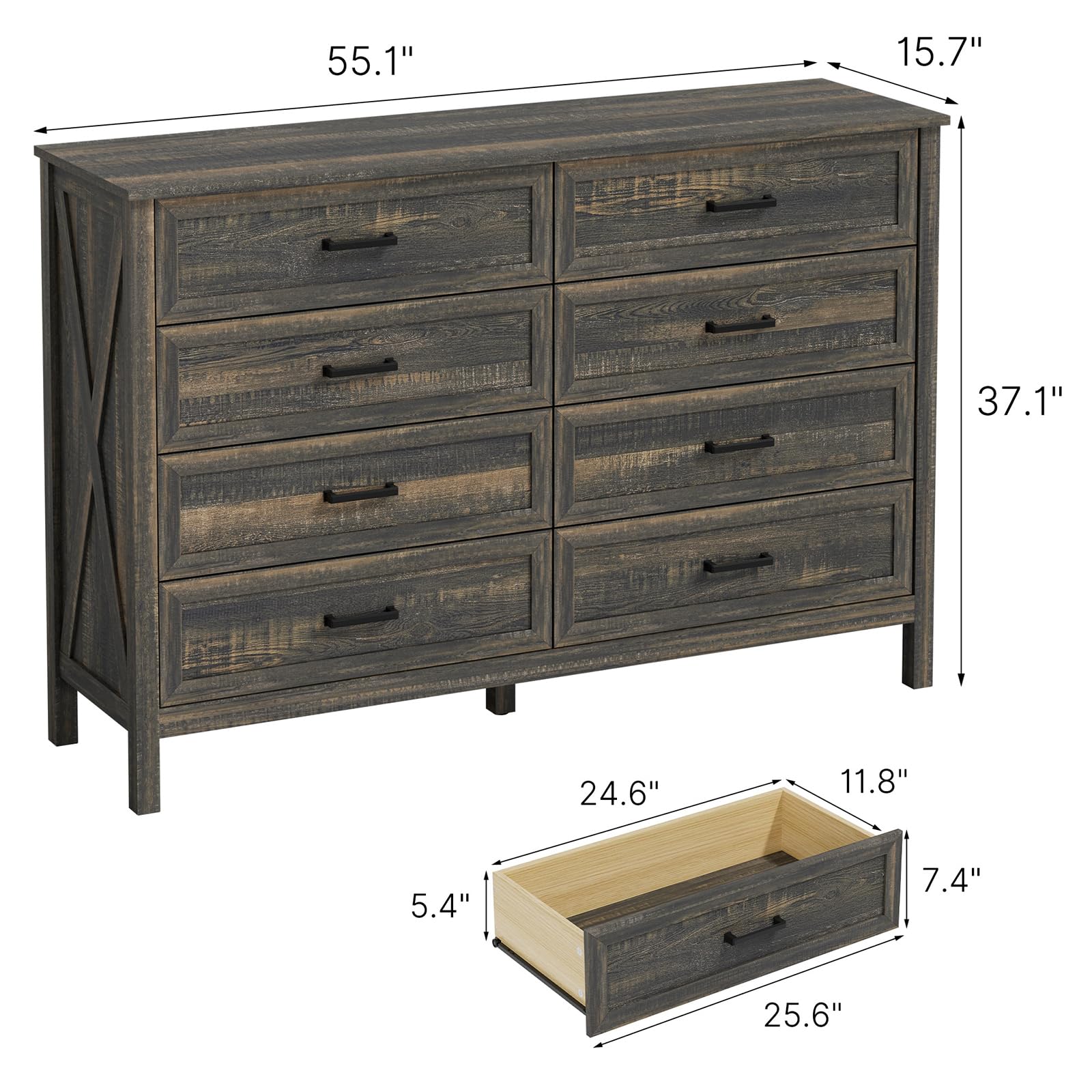 LYNSOM Farmhouse 8 Drawer Dresser for Bedroom, 55 Inch Wide Wood Rustic Chest of Drawers with X-Marking & Bar Handle, Large Storage Dressers Organizer for Bedroom, Living Room, Dark Rustic Oak