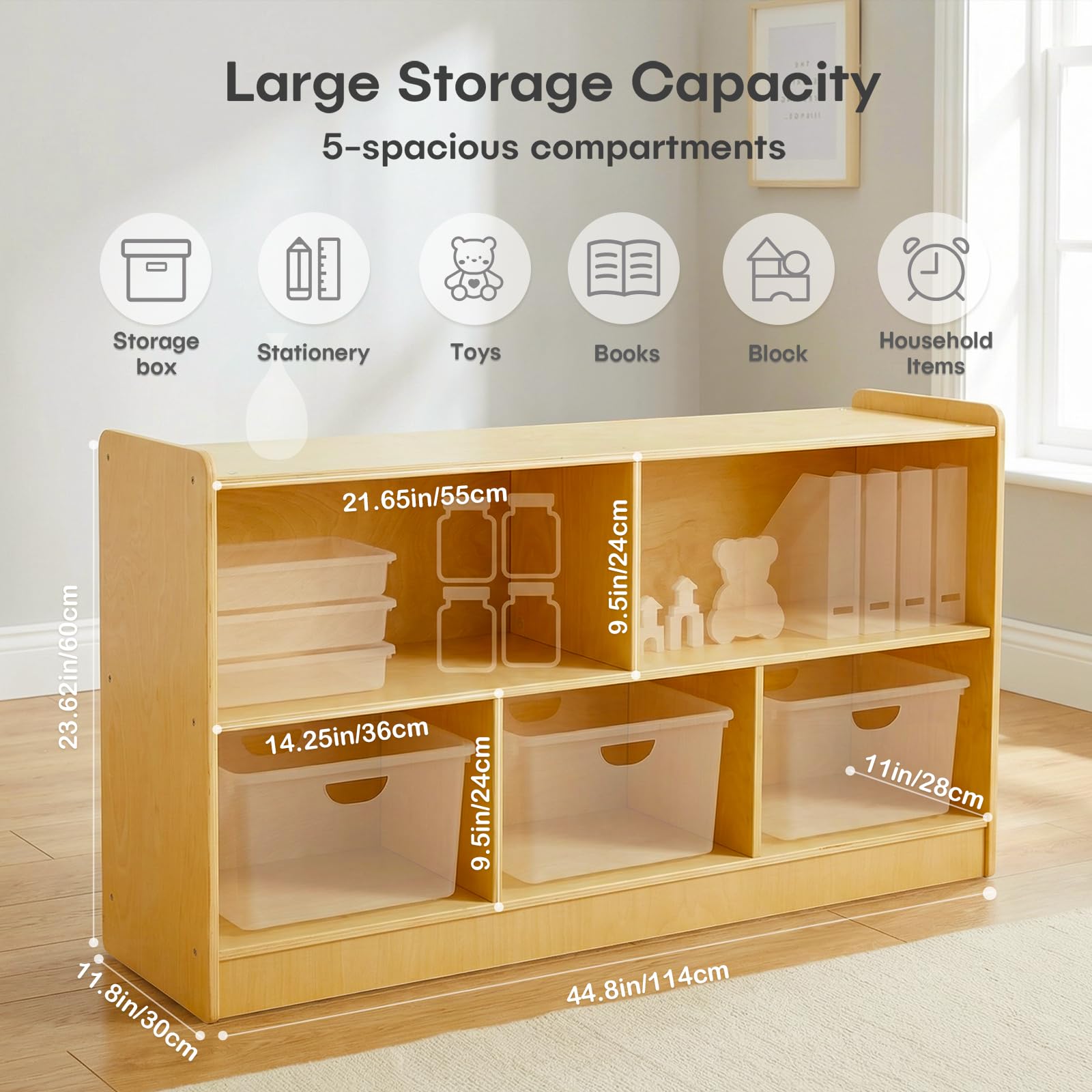 Montessori Shelf, Wooden Toy Storage Organizer with 2-Tier Shelf & 5-Section Storage Cabinet, Kids Bookshelf/Bookcase for Toddler Playroom, Nursery, Classroom(Natural)