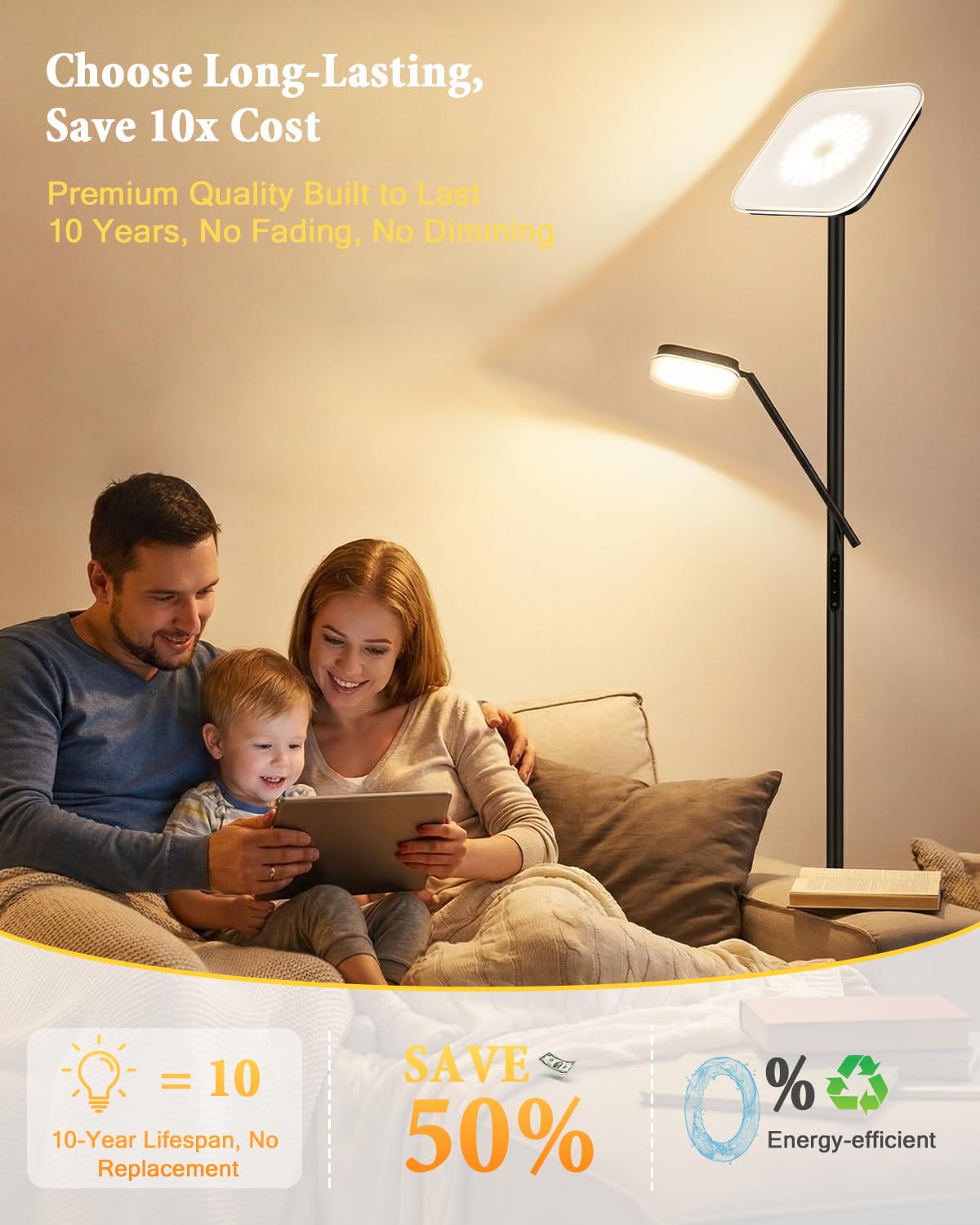 Floor Lamp, Upgraded 36W 3000LM Torchiere Super Bright LED Floor Lamp for Living Room, Stepless Dimmable Black Modern Standing Lamp with Remote & Touch Control, Tall Lamp for Bedroom, Office, Black