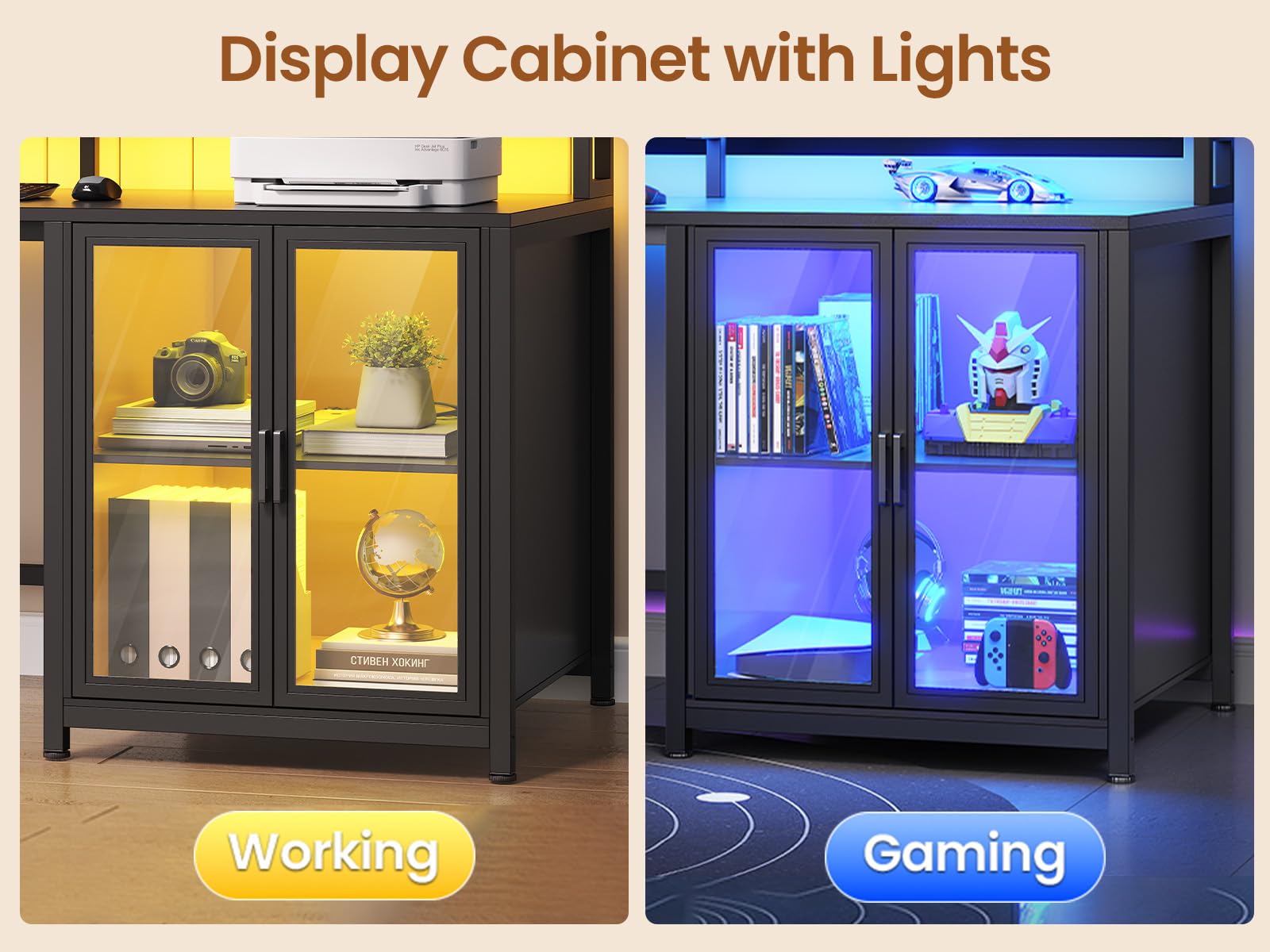 SEDETA L Shaped Gaming Desk with 4 Drawers, 109” Computer Desk with Display Cabinet, Home Office Desks with 2 Monitor Stands, CPU Stand, LED Lights and Power Outlet, Black