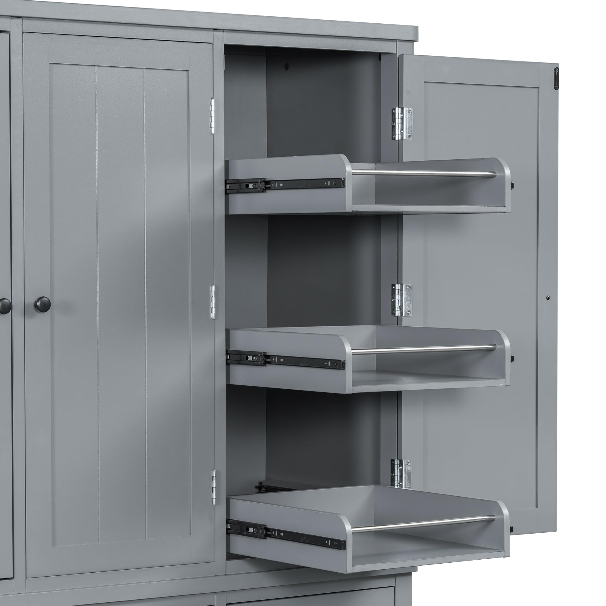 Merax 74.8'' Tall Kitchen Pantry Storage Cabinet with 6 Doors, 3 Drawers and Adjustable Shelves, Freestanding Large Cupboard & Pull-Out Trays for Kitchen, Dining Room, Living Room, Gray