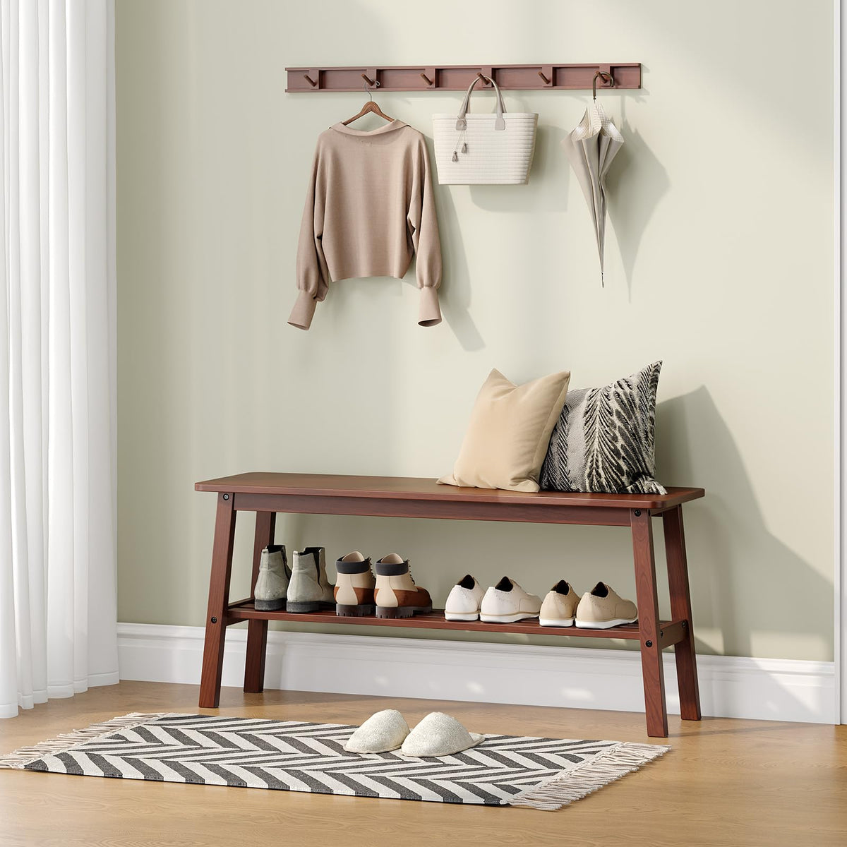 VINGLI Wood Dining Bench with Lower Shelf, Farmhouse Entryway Bench, Walnut