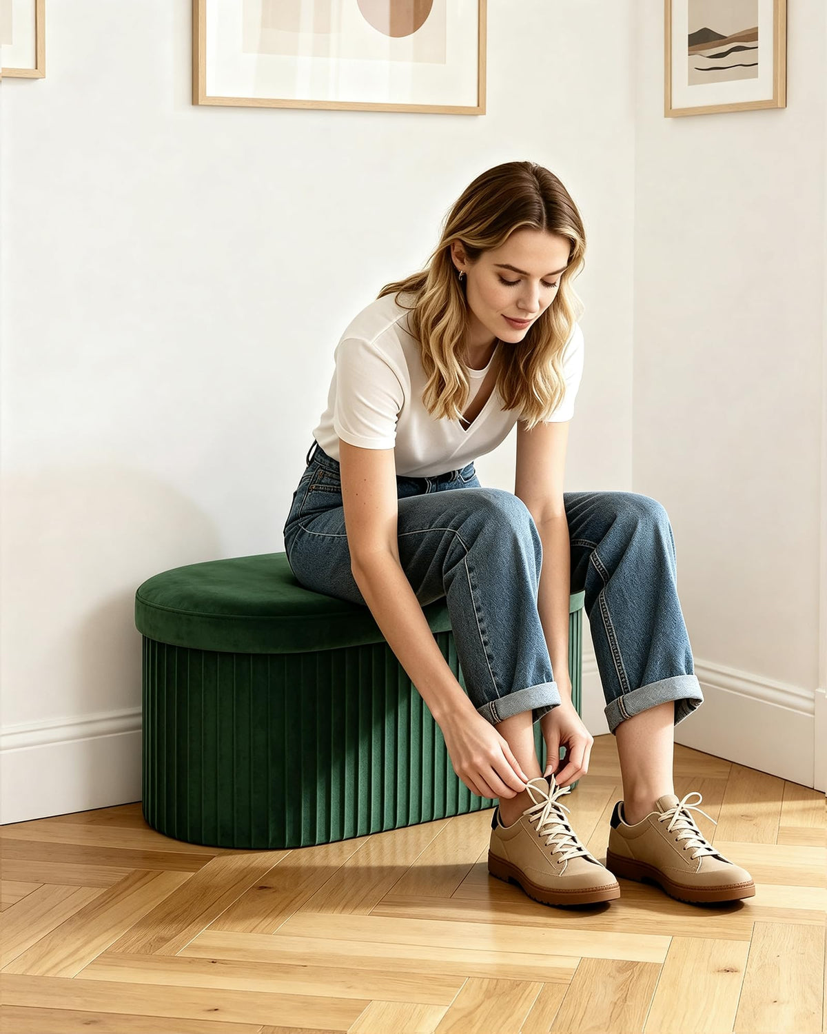 GLAXYFUR Folding Ottoman with Storage, Oval Velvet Storage Bench, Green