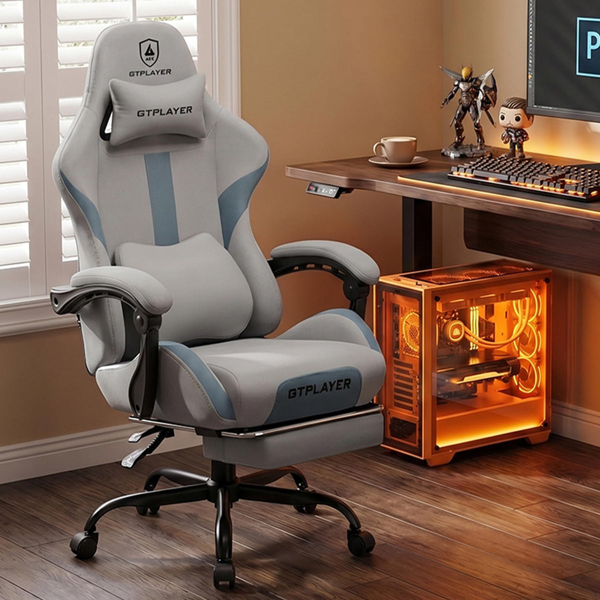 GTPLAYER Gaming Chair with Foot Rest & Pocket Spring Cushion, Ergonomic High Back Computer Desk Chair with Headrest & Lumbar Support for Back Pain Relief, Breathable Fabric, Mist-Blue