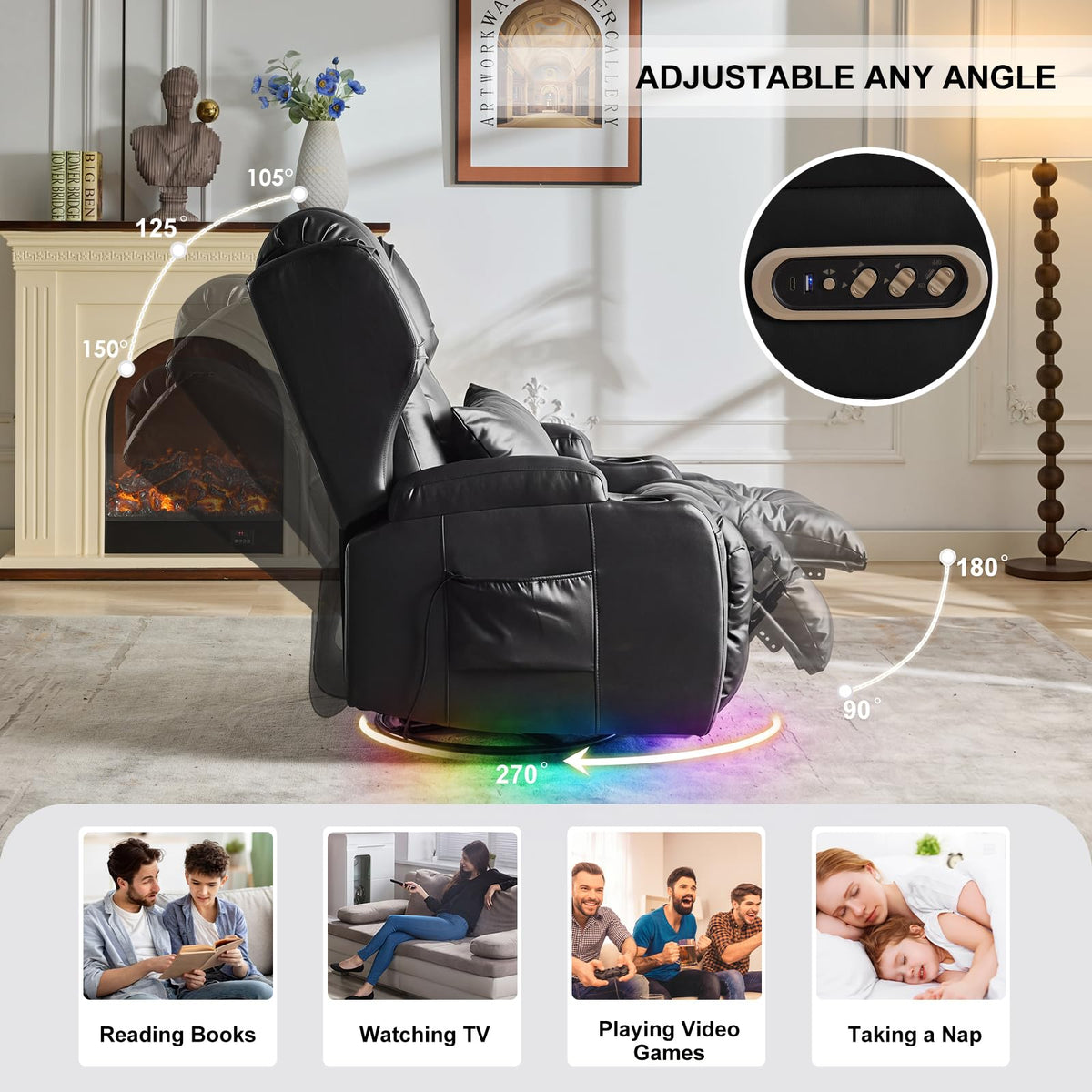 Oprisen Power Swivel Rocker Recliner Chair Home Theater Seating, Dual Motor Electric Upholstered Movie Gaming Reclining Sofa with Heat Massage/4 Modes LED Light/USB Port/Cup Holders/Pockets
