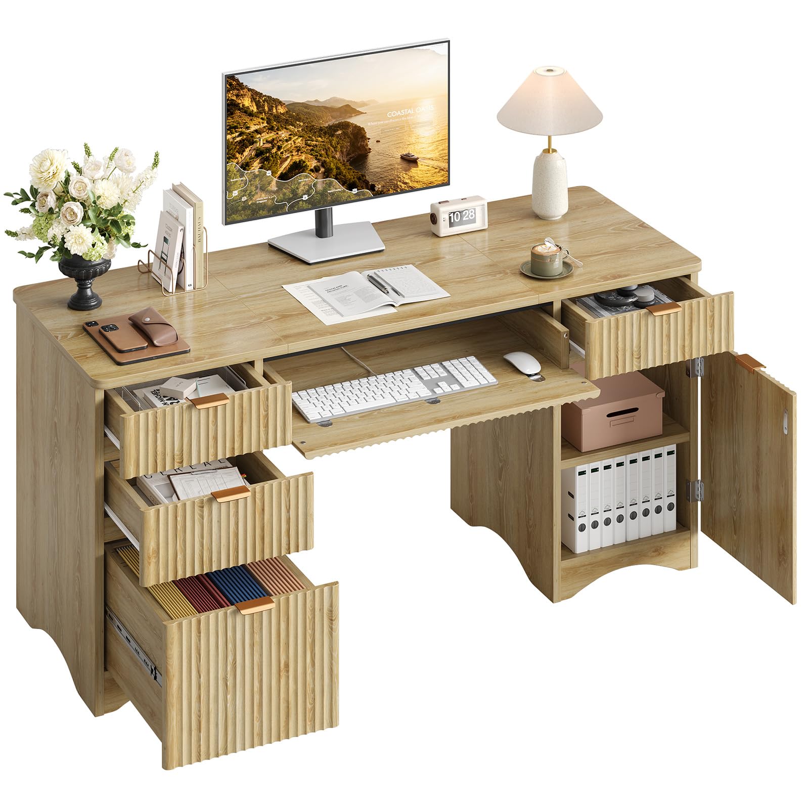63" Fluted Executive Desk with Drawers & Storage Cabinet