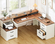 OffiGo Farmhouse 68 Inch L Shaped Executive Desk with Drawers, Walnut+White