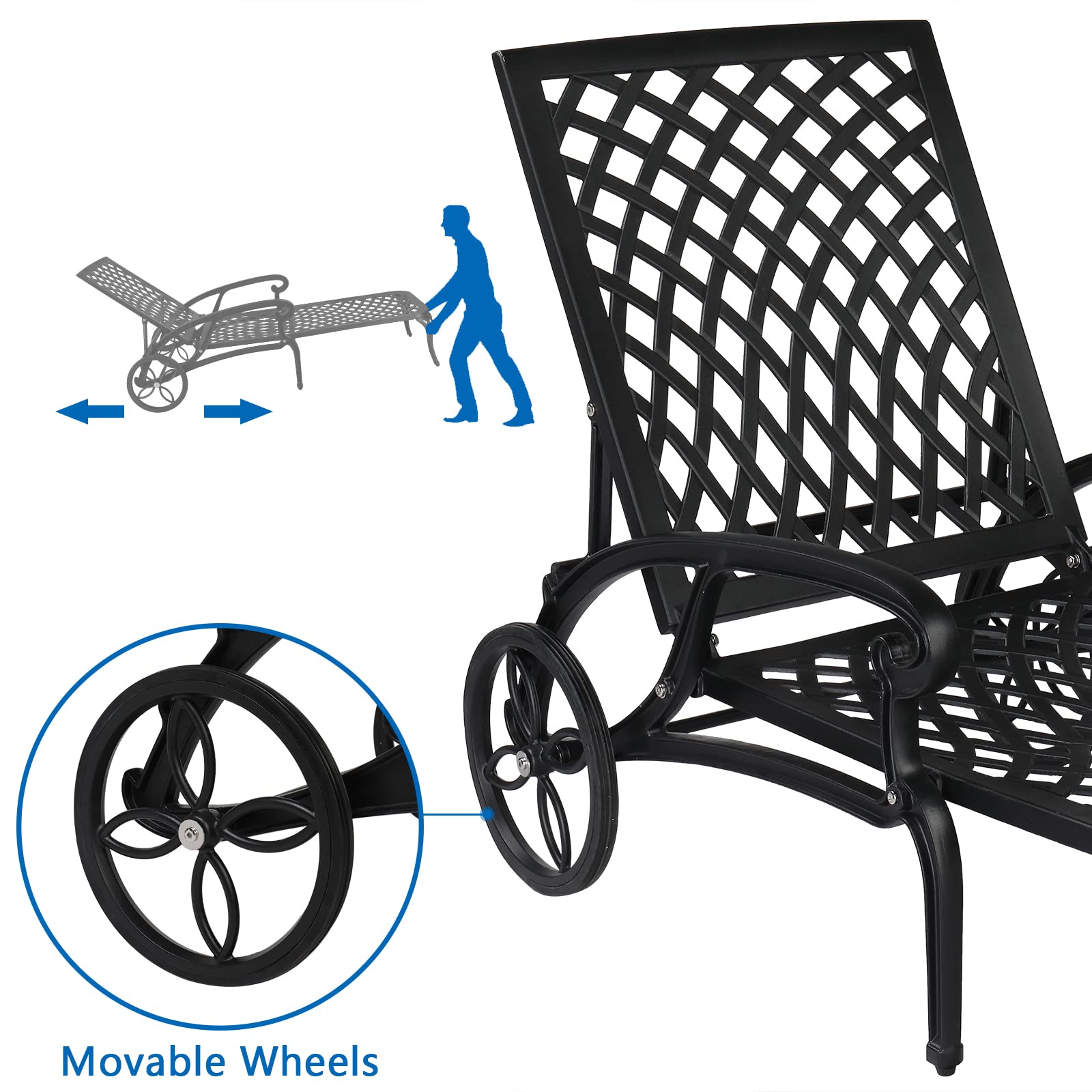 Outdoor Chaise Lounge Chair with Adjustable Backrest & Wheels