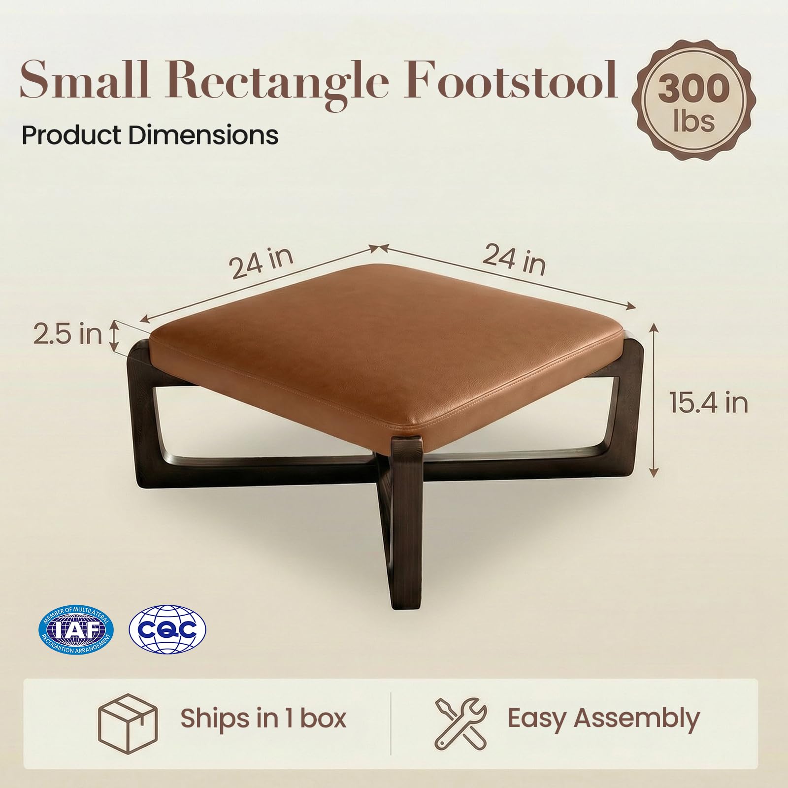 Divanus Faux Leather Square Coffee Table Ottoman,24" Coffee Table for Living Room Ottoman,Ash Wood Living Room Table,Small Footstool (Brown)