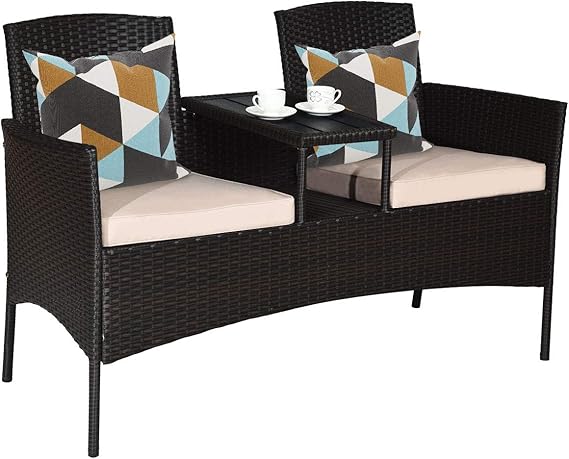 Outdoor Wicker Loveseat Sofa Set with Built-In Coffee Table