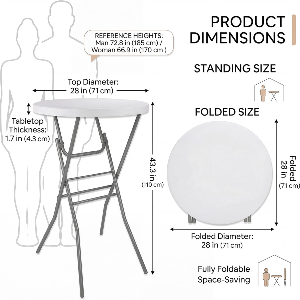 2-Pack 28 Inch Round Folding High Top Cocktail Tables with Dual Black Tablecloths, Portable Bar Height Bistro Set, Detachable Legs, Heavy Duty Indoor Outdoor Furniture for Wedding, Party & Events