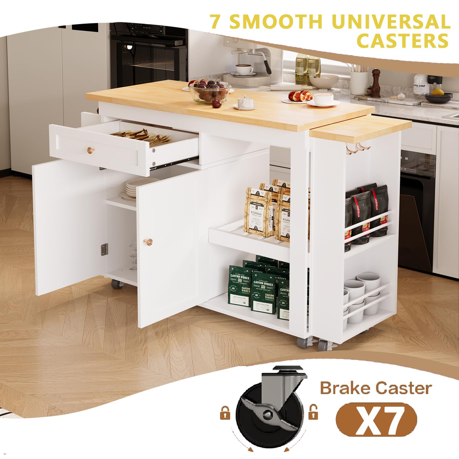 CayugaCrekrd 81.5" Kitchen Island with Extendable Dining Table, Rolling Kitchen Cart on Wheels with Spice Rack, Drawer and Door Cabinet for Dining Room, White