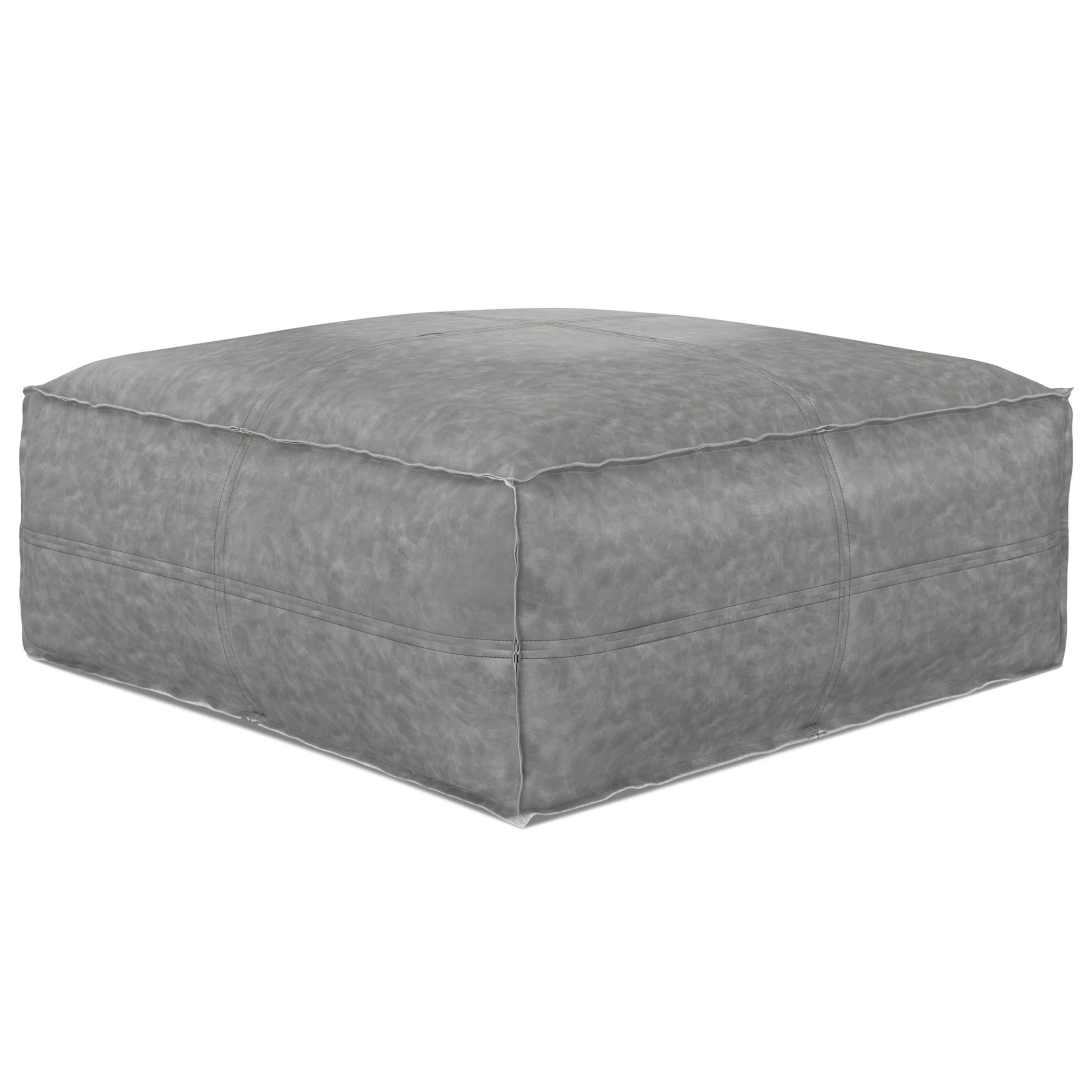 SIMPLIHOME Brody 30-inch Wide Large Square Coffee Table Pouf in Distressed Grey, Vegan Faux Leather Ottoman, Footrest, or Extra Seating for Living Room, Assembled