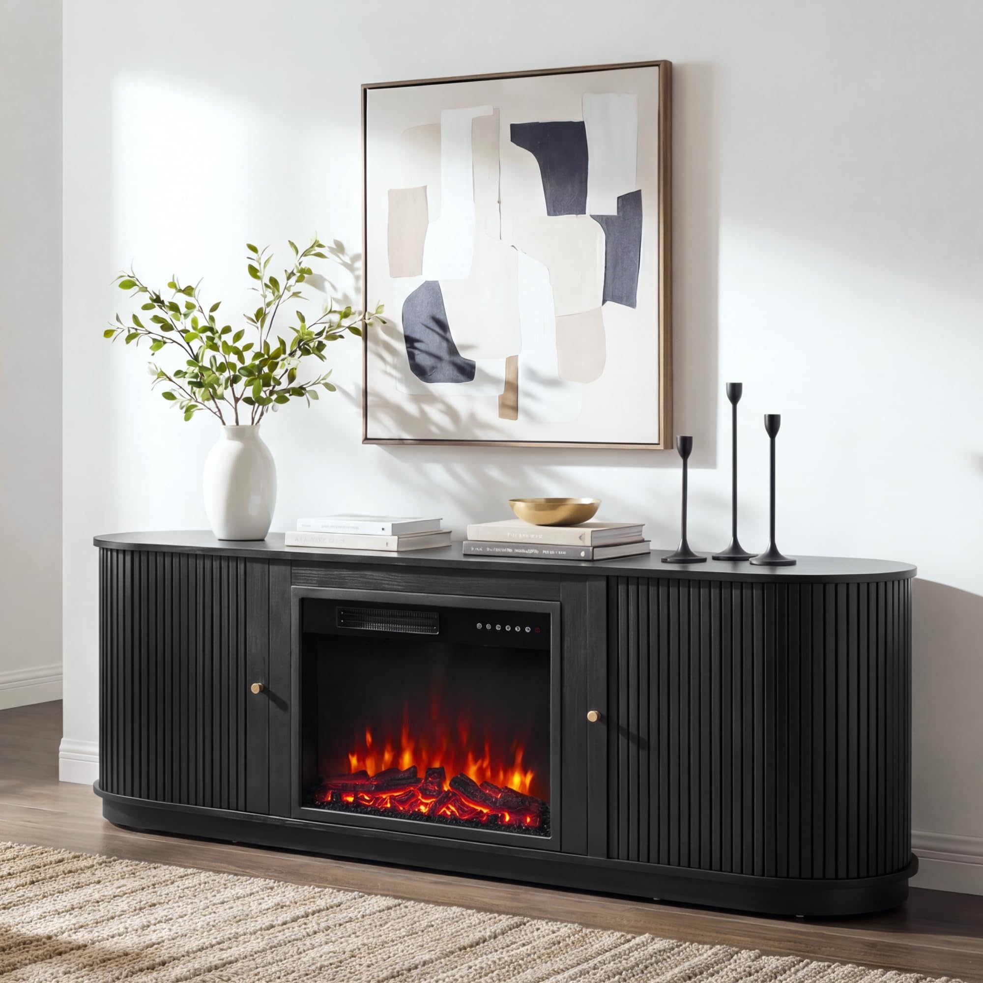 KISLOT 70'' Fluted Fireplace TV Stand for TVs Up to 80",Sliding Tambour Doors,Modern Entertainment Center with 23" Electric Fireplace, Power Outlet & Cable Management, Media Console for Living Room
