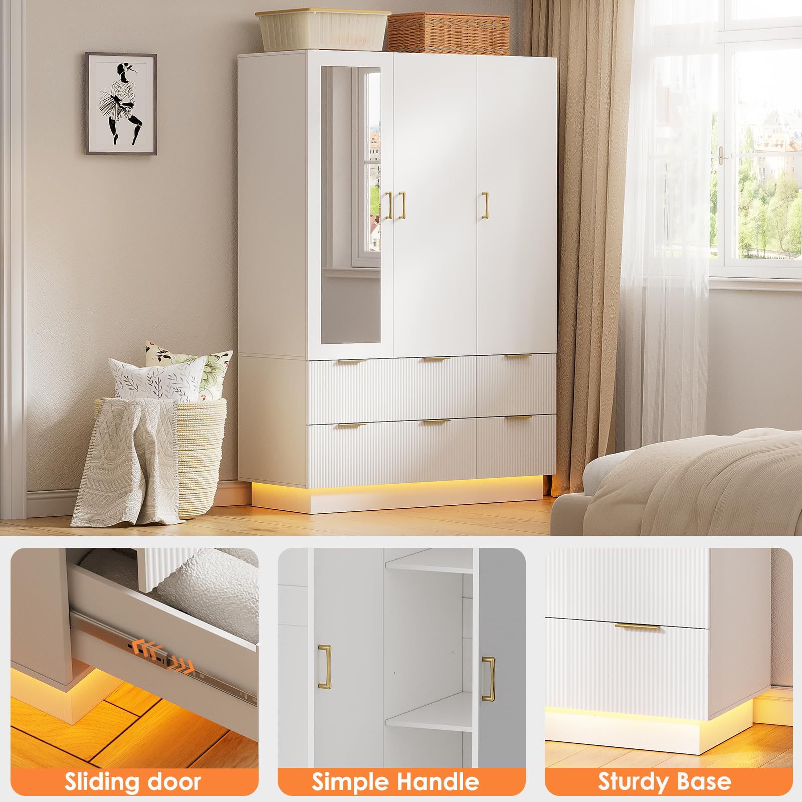 3-Door Wardrobe Closet with Mirror & LED Lights