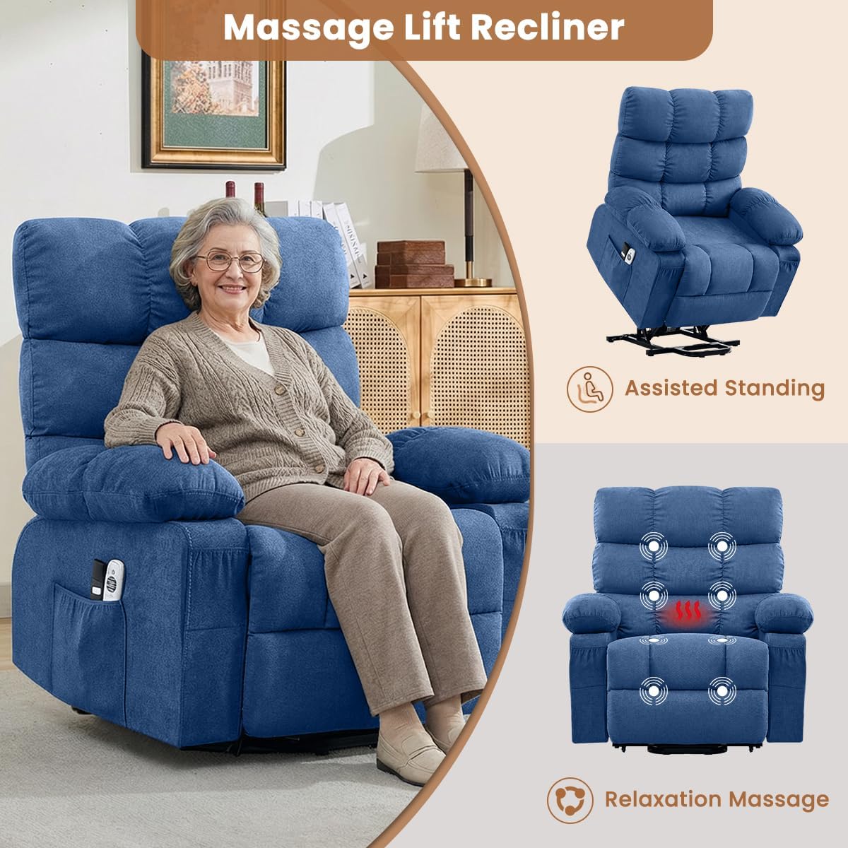 BOSMILLER Electric Power Lift Recliner Chair Sofa with Massage and Heat for Elderly,Lift Chair with Cup Holders Side Pockets for Living Room
