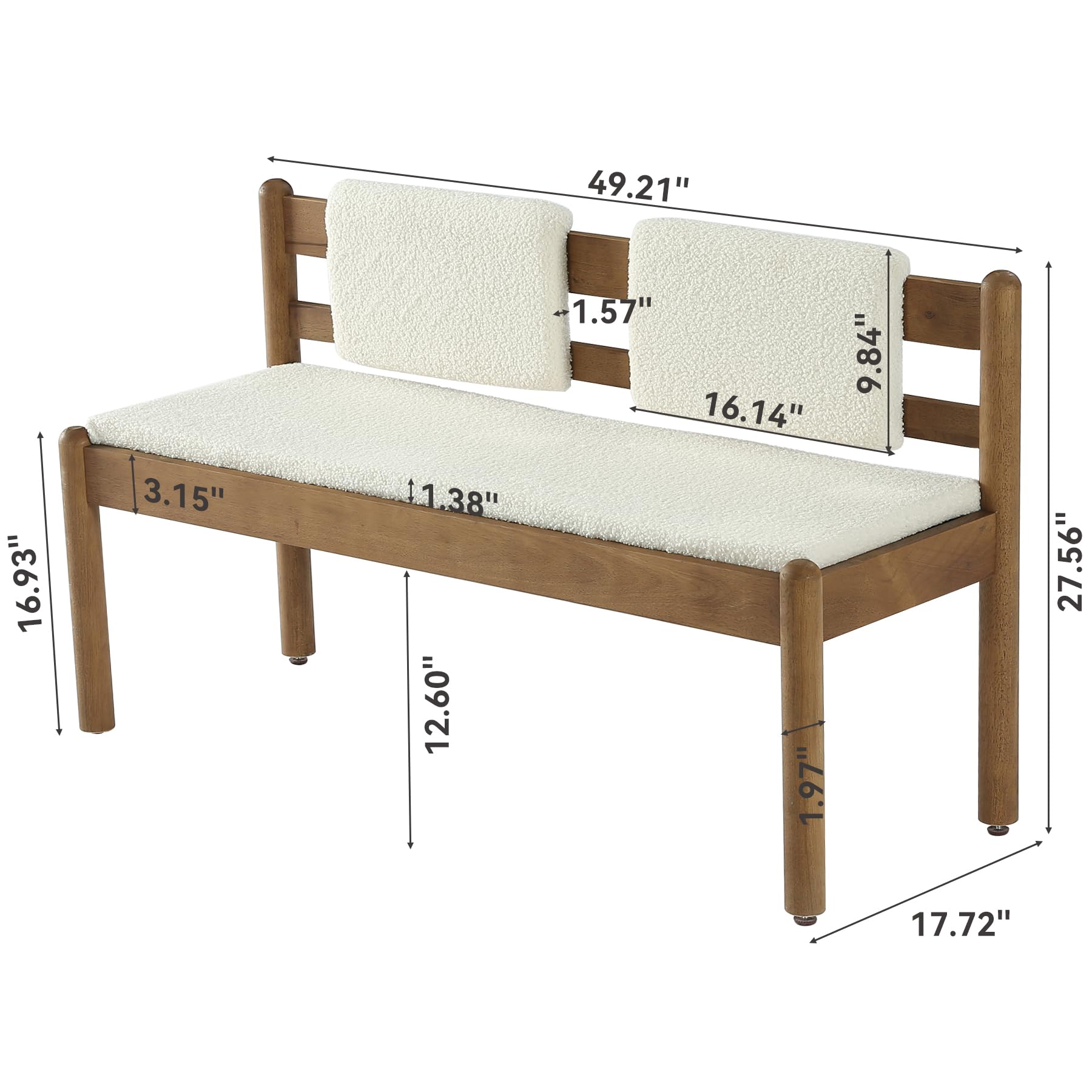 LITTLE TREE Solid Wood Entryway Bench, 49" Dining Bench with Back, Wood Settee Bench with Upholstered Seat, Farmhouse Bedroom Bench for End of Bed, Dining Room, Mudroom, Entryway, White + Walnut Brown