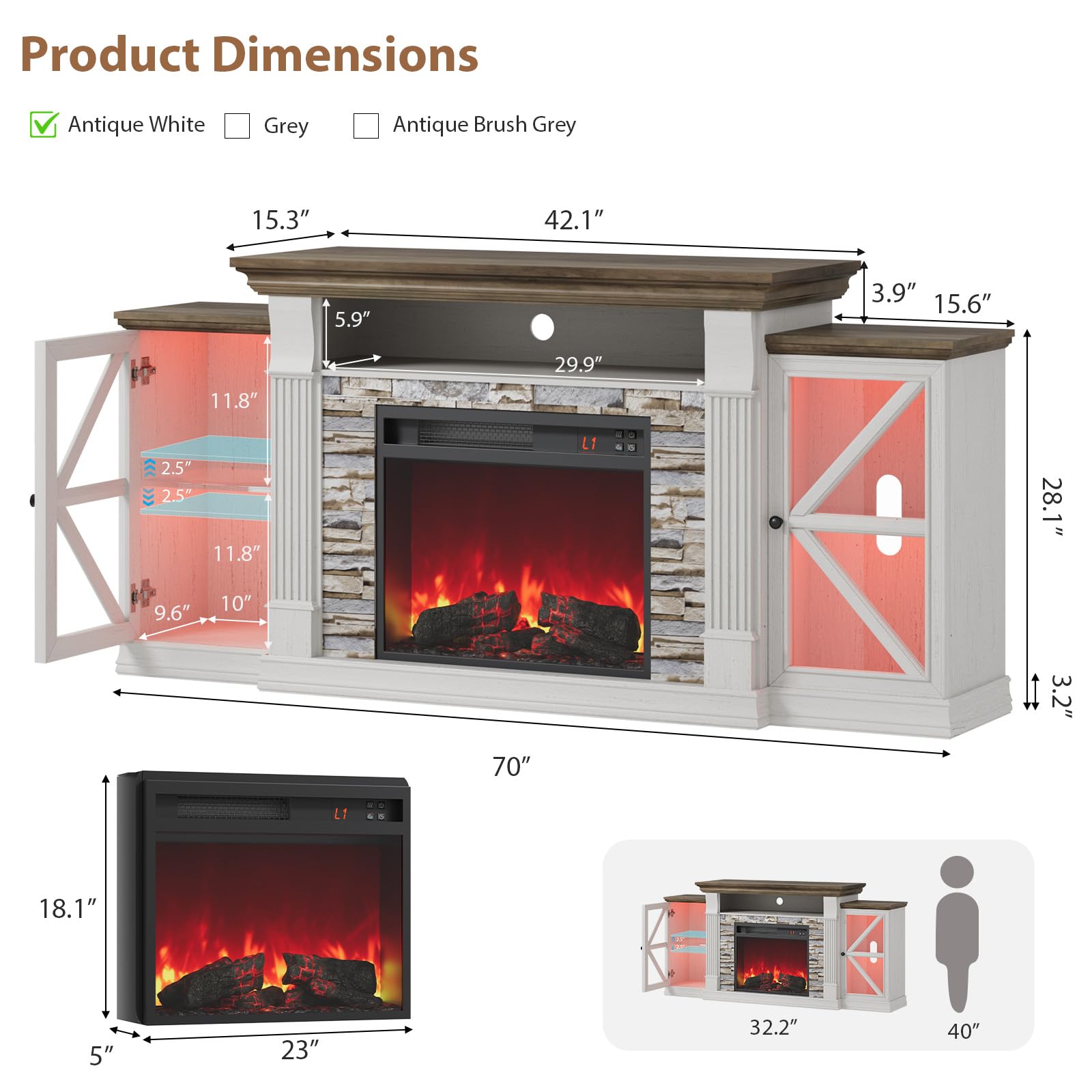 70" Electric Fireplace TV Stand with Glass Barn Doors